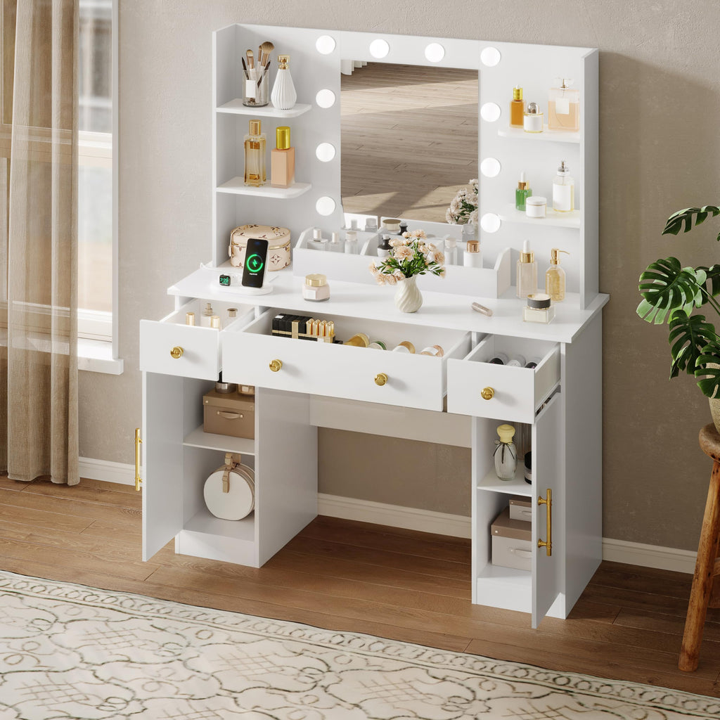 HUANLEGO Vanity Desk with Mirror and Lights, Makeup Vanity with Mirror and LED Lights & Power Outlet, 3 Drawers and Cabinets, 3 Lighting Modes Dressing Table Set for Girls Women Bedroom,Oak