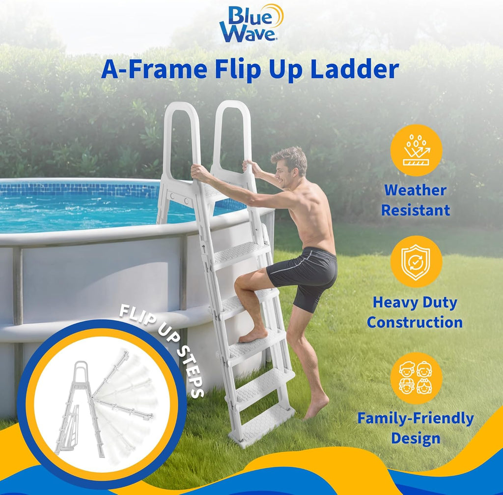 Blue Wave A Frame Flip Up Ladder for 48 to 54-in Deep Above Ground Pools – No Deck Required - Weather-Resistant Resin with Non-Skid Treads & Anti-Entrapment Design - Easy Setup, 225-lb Capacity