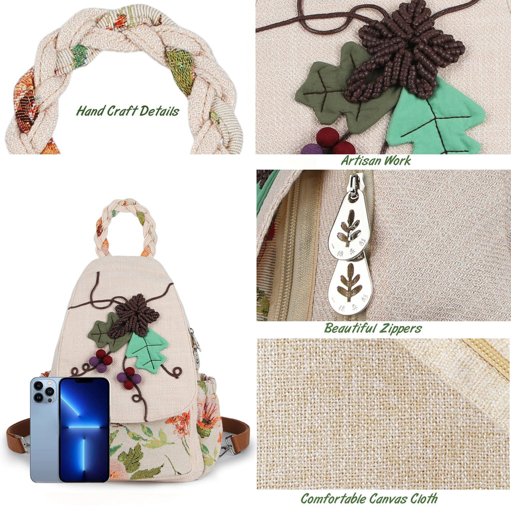 Ladys Convertible Sling Bag, Hand Craft Artisan Purse, Girls Beautiful Canvas Premium Casual Day Mini Backpack for Women (Flower Bee)