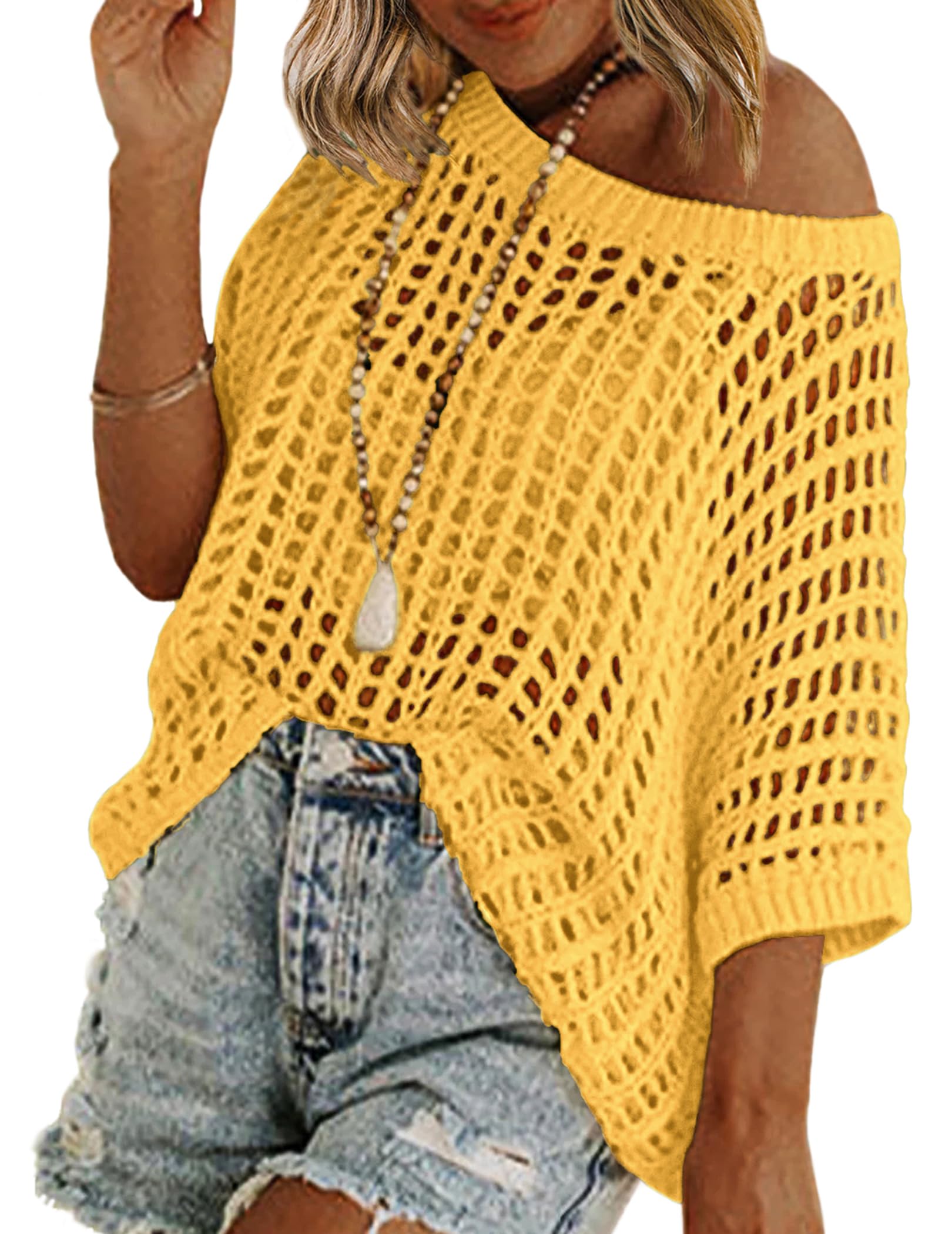 Zeagoo Short Sleeve Crochet Sweater Lightweight Summer Tops Loose Hollow Out Crewneck Pullover