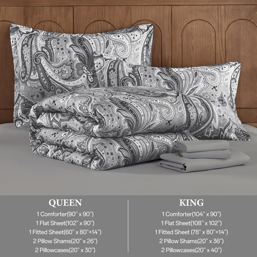 DJY Black Paisley Comforter Set Full Size 7 Piece Bed in a Bag Black and Grey Boho Paisley Pattern Comforter Set Soft Lightweight Microfiber Reversible Bedding Set for All Season