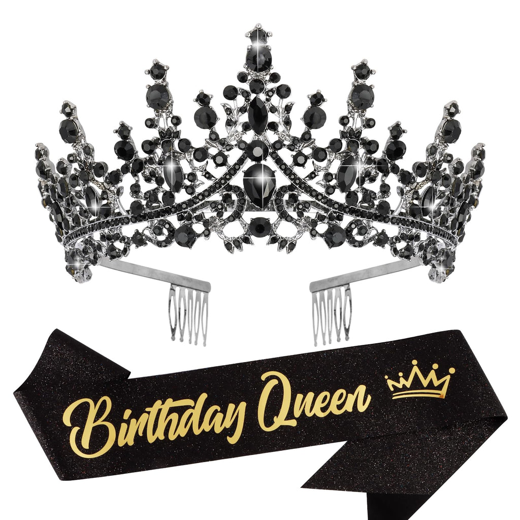 VELSCRUN AB Silver Crystal Birthday Queen Tiara Crowns for Women Girls Birthday Queen Headband Sash Elegant Princess Crown with Combs Hair Accessories Happy Birth Party Decorations Mom Gift