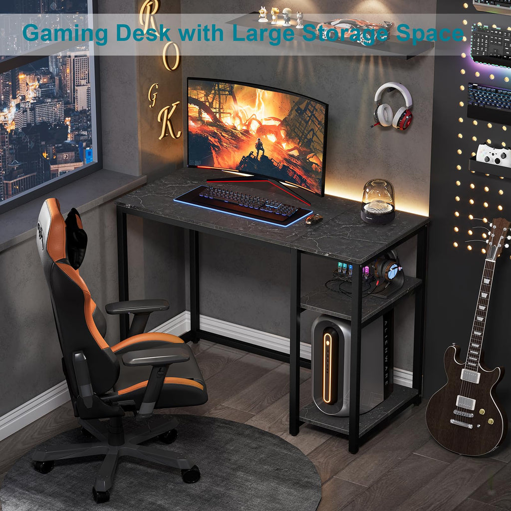 SINPAID 40 Inch Small Gaming Desk with Shelves for Small Spaces, Easy Assembly Study Desk, Sturdy Writing Desk for Bedroom & Home Office, Black