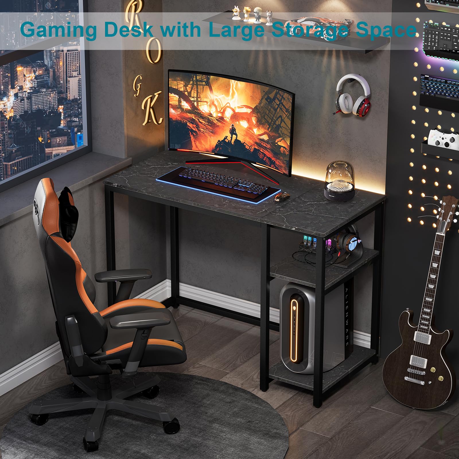 SINPAID 40 Inch Small Gaming Desk with Shelves for Small Spaces, Easy Assembly Study Desk, Sturdy Writing Desk for Bedroom & Home Office, Black