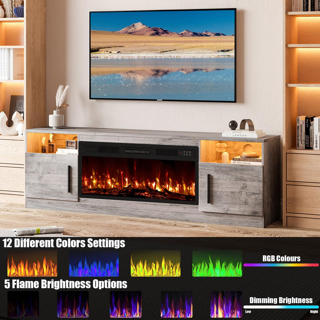 VITESSE 58 Inches Fireplace TV Stand for TVs up to 65 Inches Console with 18'' Electric Fireplace & Remote,Wooden Modern Entertainment Center for Living Room with LED Light Glass Shelves（Bei）
