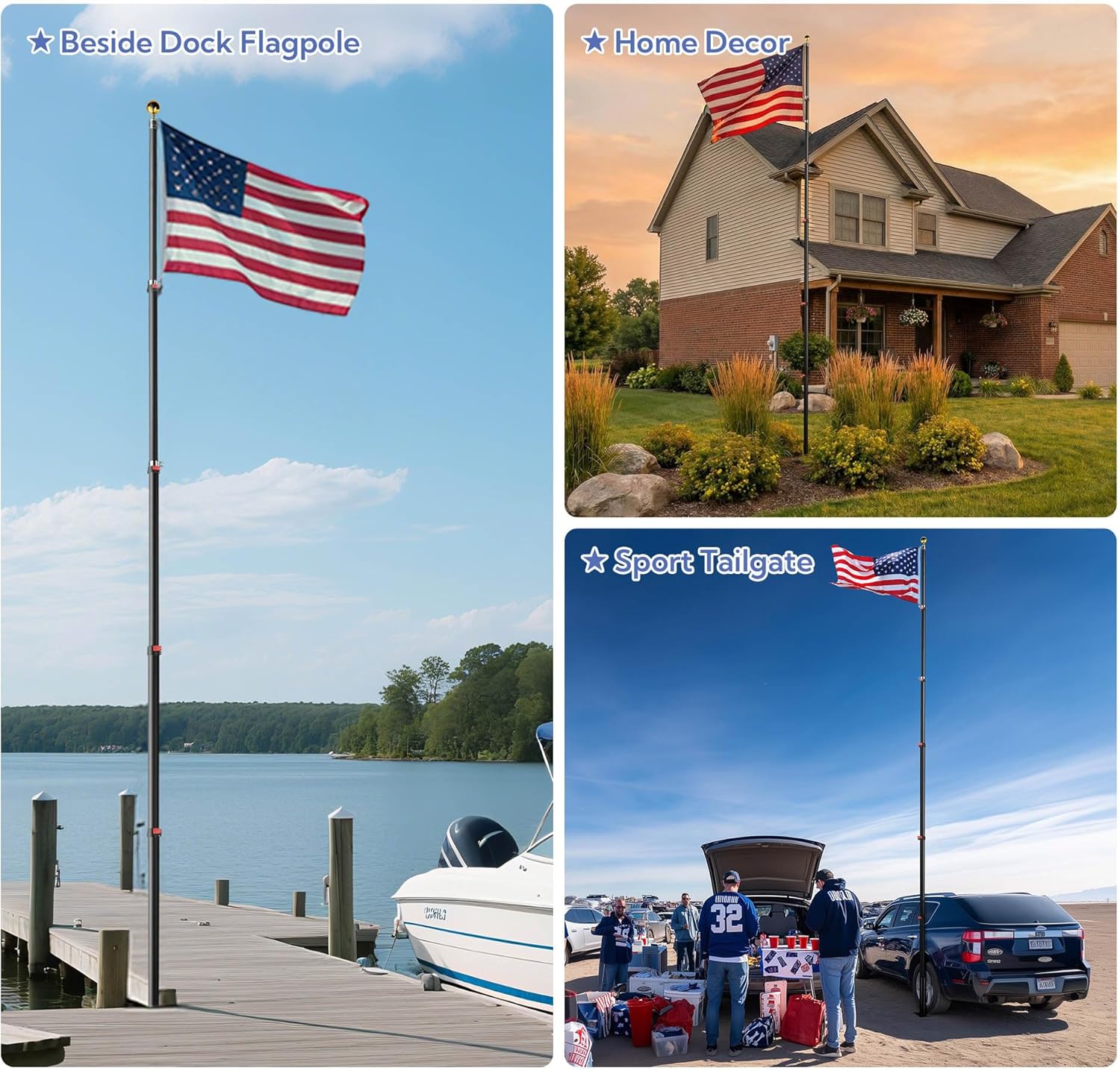 Yeshom 20Ft Black Telescopic Aluminum Flag Pole Fly 2 Flags 3'x5' US Flag & Ball Top Kit Telescoping Flagpole Yard Outdoor Garden