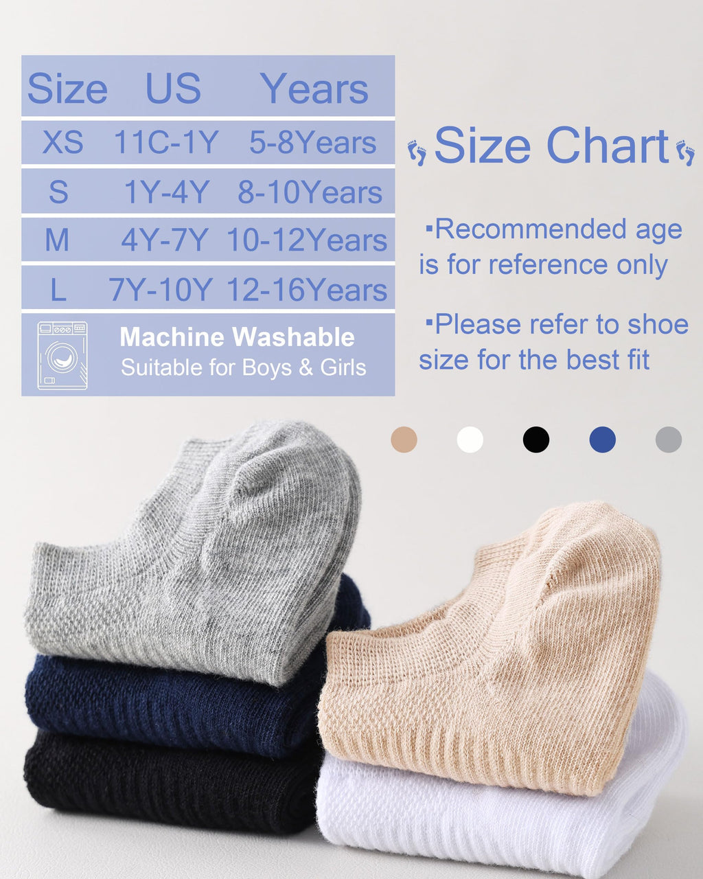 No Show Cotton Socks for Girls and Boys - Low Cut, Breathable, Non-Slip Short Socks for Kids - 5/10 Pairs