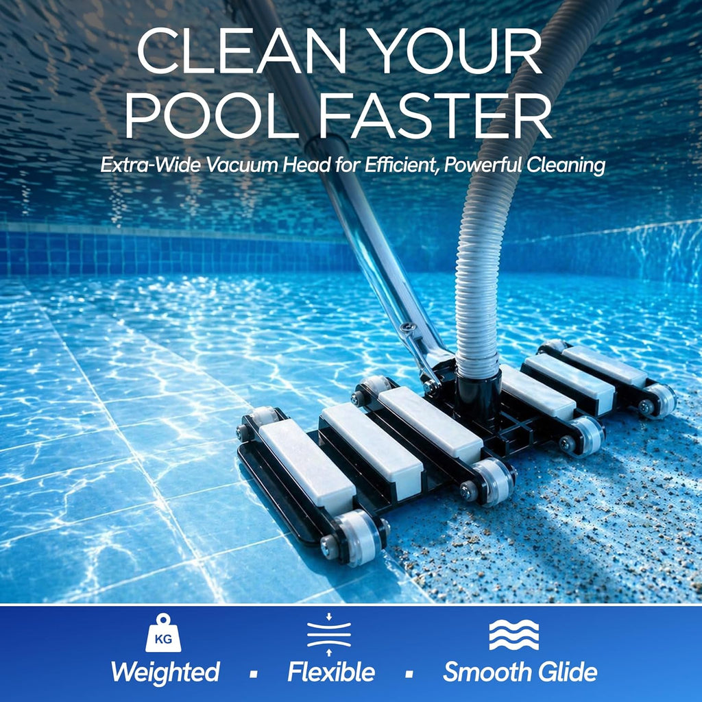 FibroPool Pool Vacuum Head - 14.4" Weighted Flexible Design - Inground & Above Ground Pools - 1.5" Universal Hose Fit - Urethane Wheels