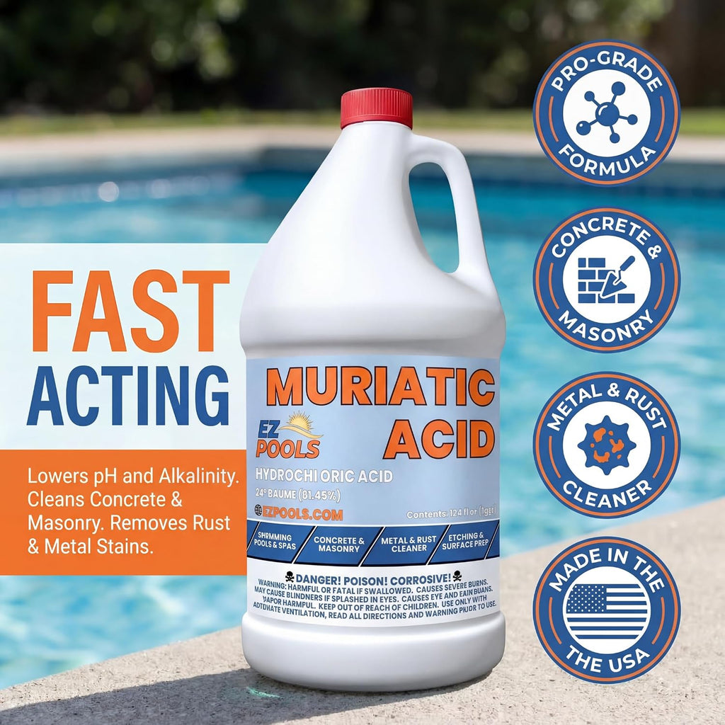 EZ Pools Muriatic Acid for Swimming Pools & Spas – Pack of 4 Gallons, Lowers pH, Muriatic Acid for Pools (HCL), pH Reducer for Water Balancing