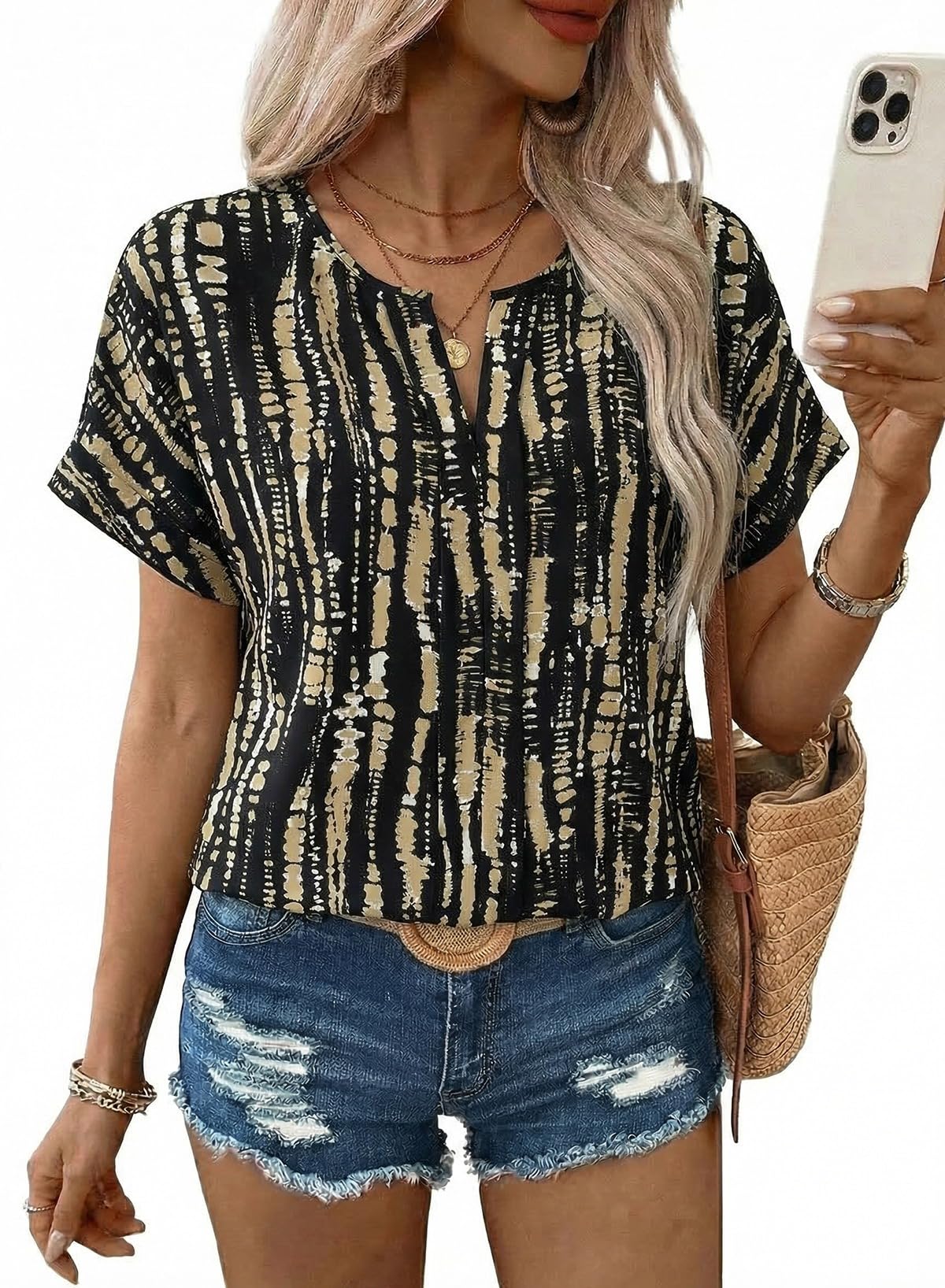 SHEWIN Women's Casual V Neck Floral Print Chiffon Blouses 3/4 Sleeve Boho Summer Tops Shirts