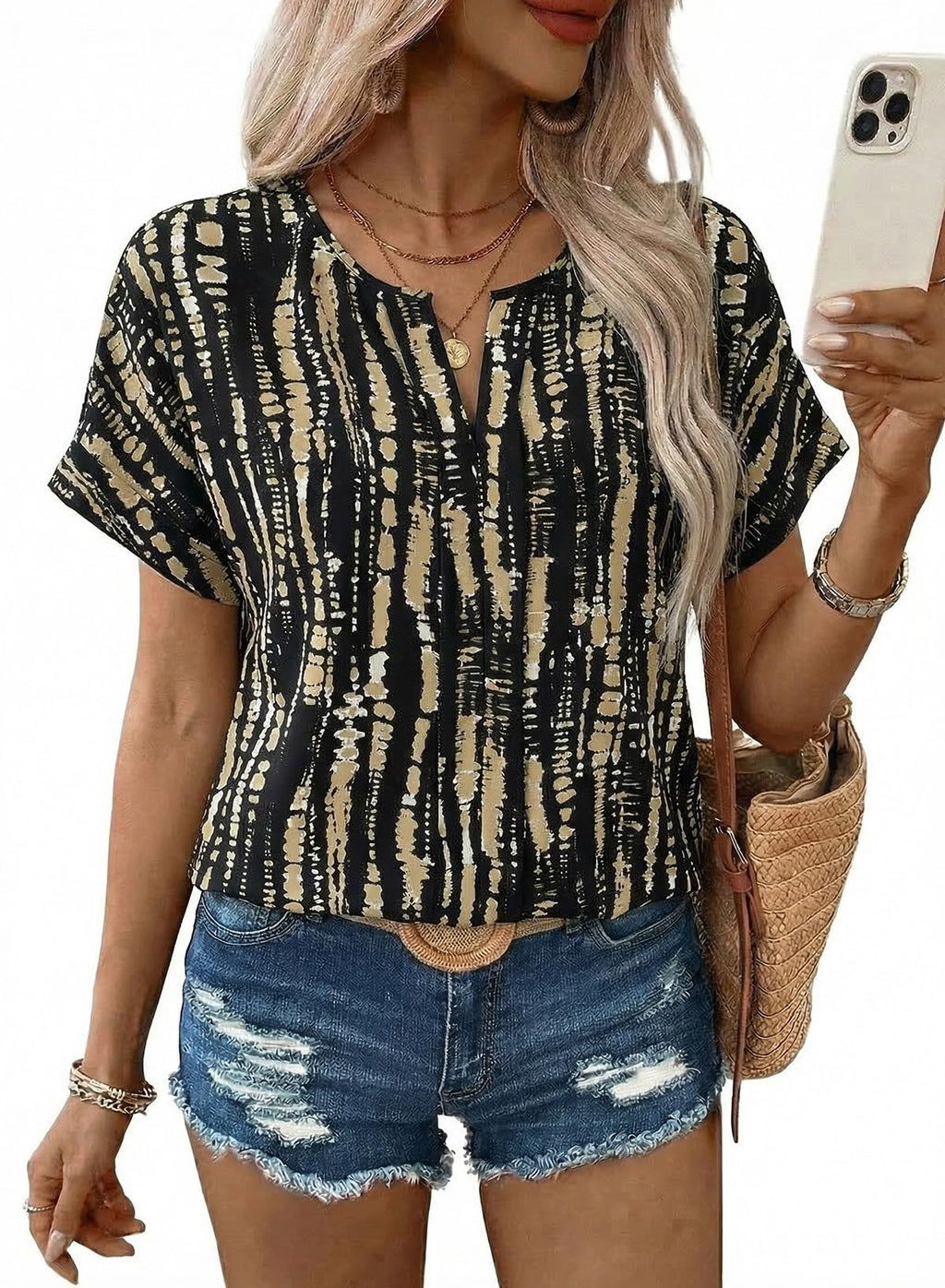 SHEWIN Women's Casual V Neck Floral Print Chiffon Blouses 3/4 Sleeve Boho Summer Tops Shirts