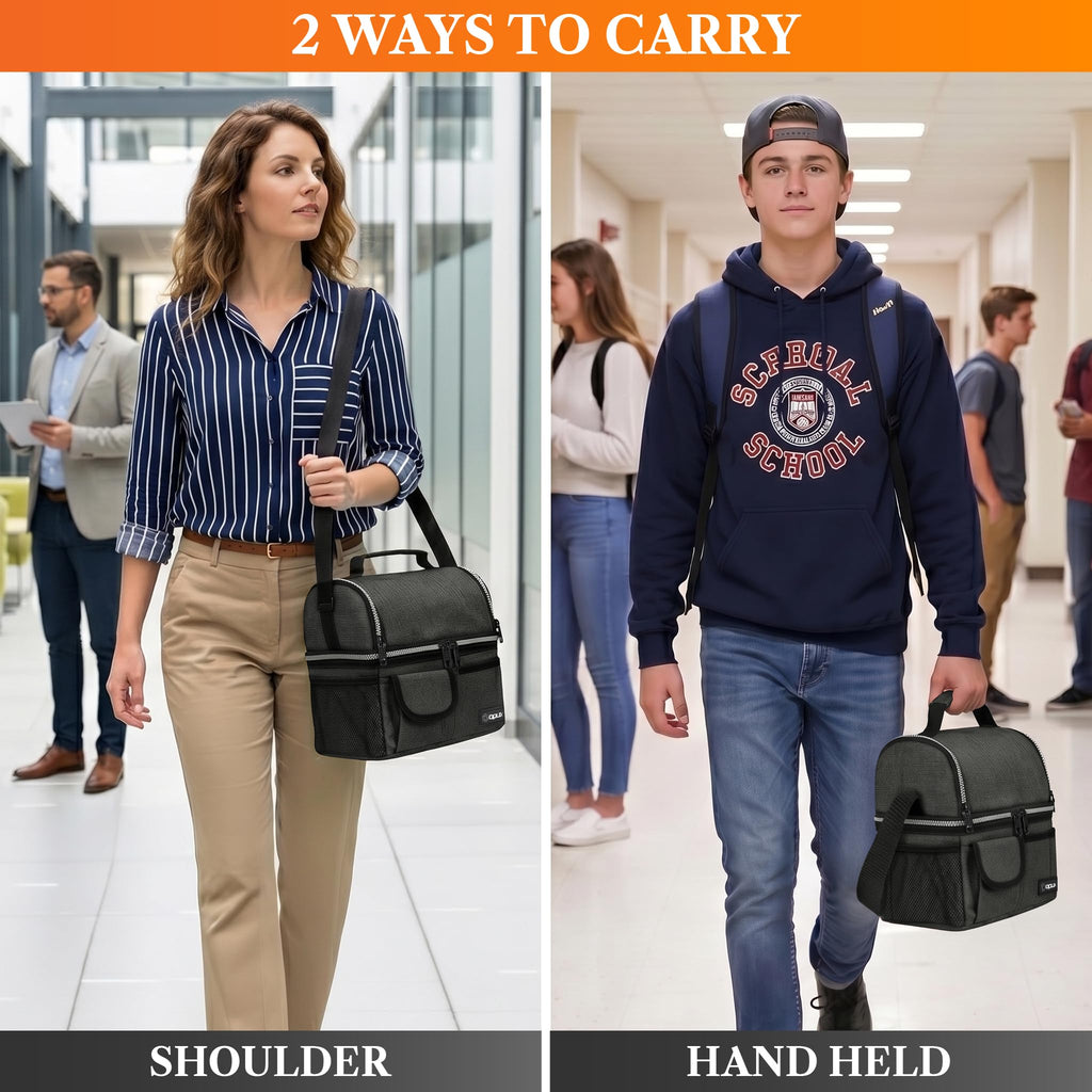 opux Insulated Lunch Bag Women Men, Dual Compartment Leakproof Lunch Box Adults Kids, Double Decker Meal Prep Bento Lunch Cooler Tote with Shoulder Strap for Work Office School Travel, Black
