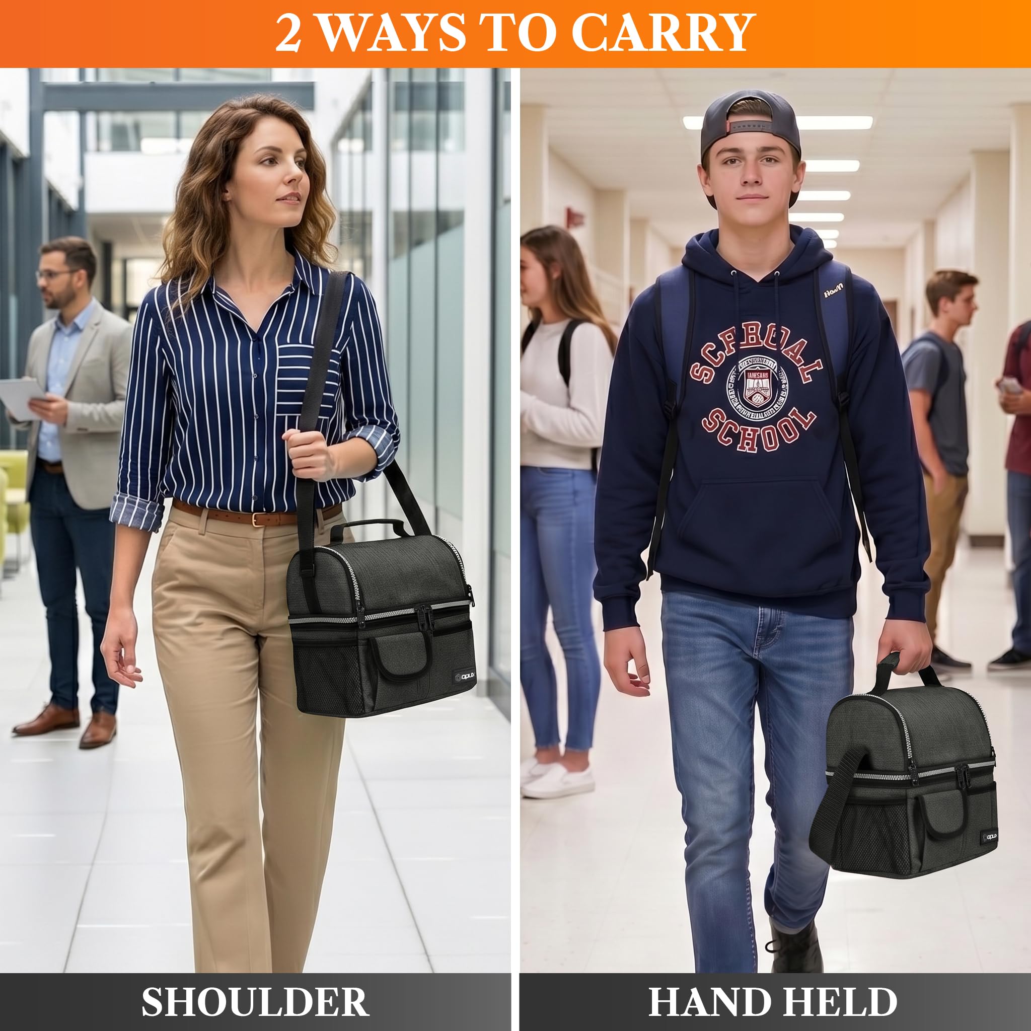 opux Insulated Lunch Bag Women Men, Dual Compartment Leakproof Lunch Box Adults Kids, Double Decker Meal Prep Bento Lunch Cooler Tote with Shoulder Strap for Work Office School Travel, Black