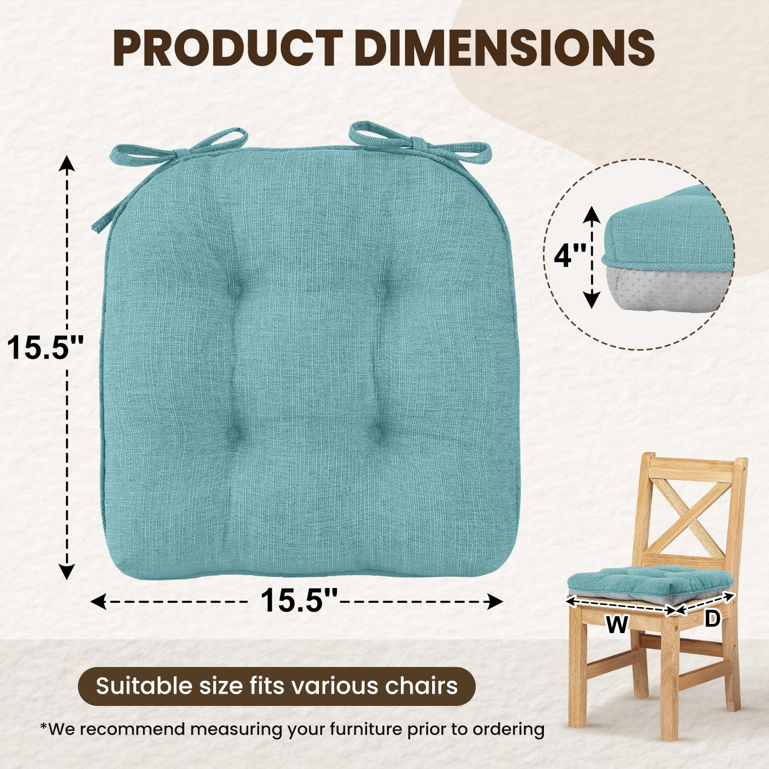 downluxe Indoor Chair Cushions for Dining Chairs, Tufted Overstuffed Textured Kitchen Chair Pads with Ties and Non-Slip Backing, 15.5" x 15.5" x 4", Aqua Blue, 4 Pack