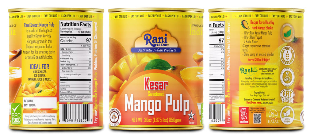 Rani Mango Pulp Puree (Makes Mango Lassi Shakes) Alphonso Sweetened 30oz (1.875lbs) 850g ~ Kosher | All Natural | NON-GMO | Vegan | No colors | Gluten Friendly | Indian Origin