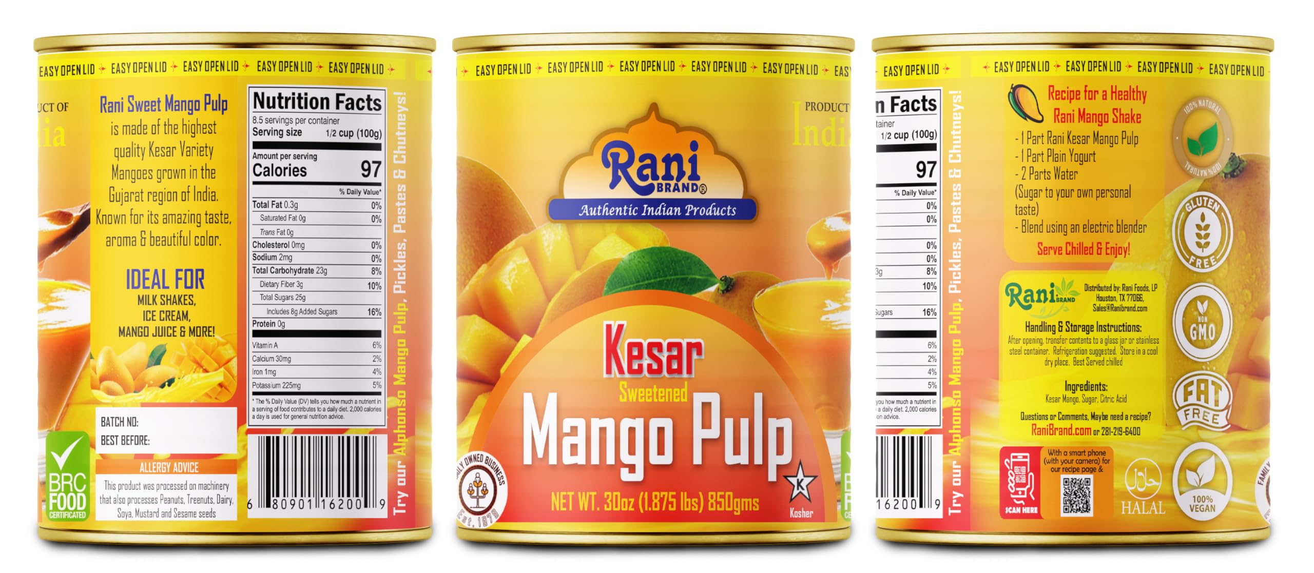 Rani Mango Pulp Puree (Makes Mango Lassi Shakes) Alphonso Sweetened 30oz (1.875lbs) 850g ~ Kosher | All Natural | NON-GMO | Vegan | No colors | Gluten Friendly | Indian Origin
