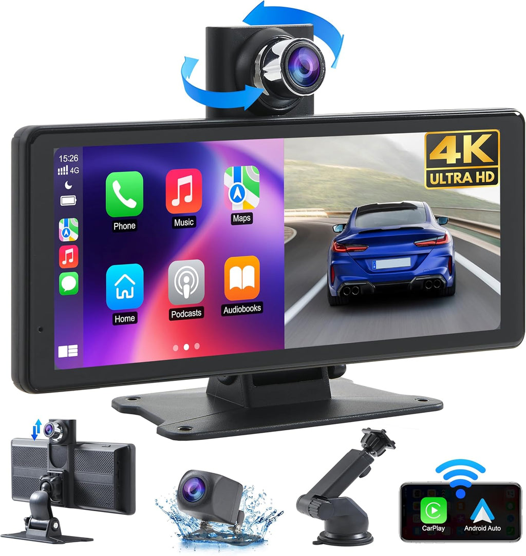 Portable Carplay Screen 8.1" Wireless Android Auto Car Stereo | 4K dash cam & 1080P backup camera system with mirror link, Bluetooth, GPS. For older cars, Truck, SUV, Van, all vehicles.
