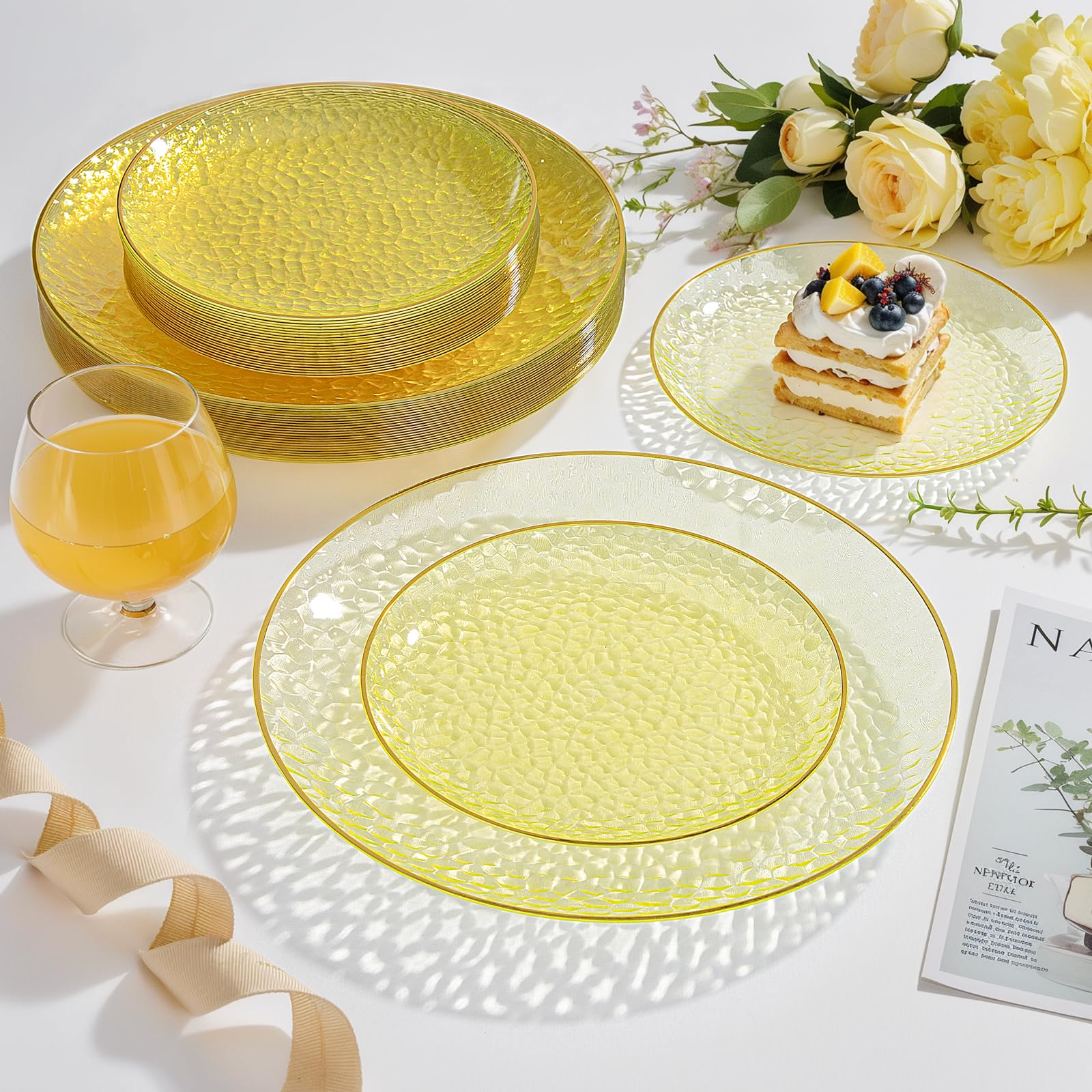 Rubtlamp 100Pcs Amber Gold Plastic Plates, Disposable Plates With Gold Rim, Heavy-duty Party Platos, Hammered Plastic Plates Include 50 Clear Dessert Plates, 50 Dinner Plates for Party
