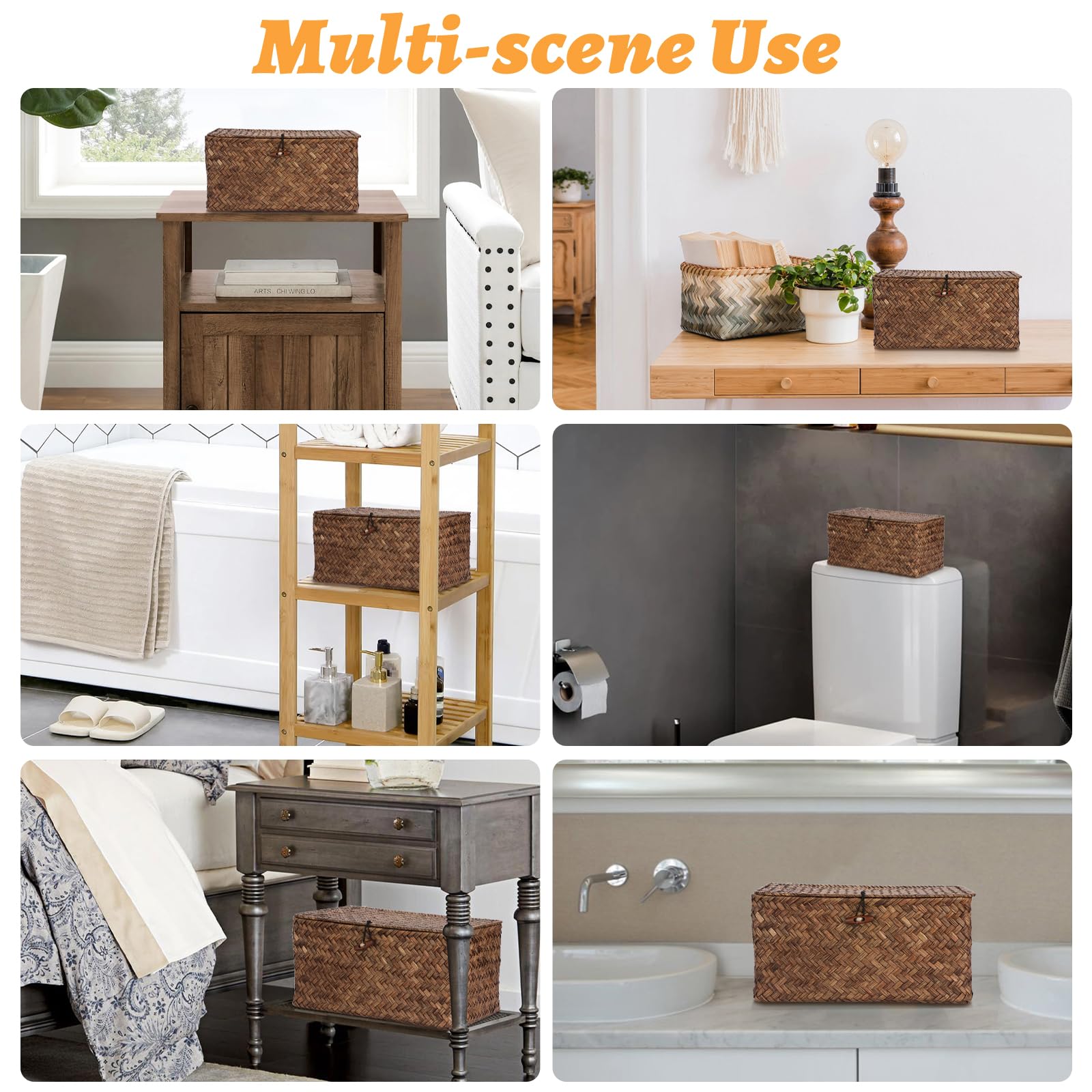 Sumnacon Wicker Basket with Lid Rectangle Woven Baskets for Toiletries Tampon Storage,Wicker Storage Basket with Lid,Decorative Seagrass Storage Baskets for Shelf Bathroom Toilet Table, Caramel