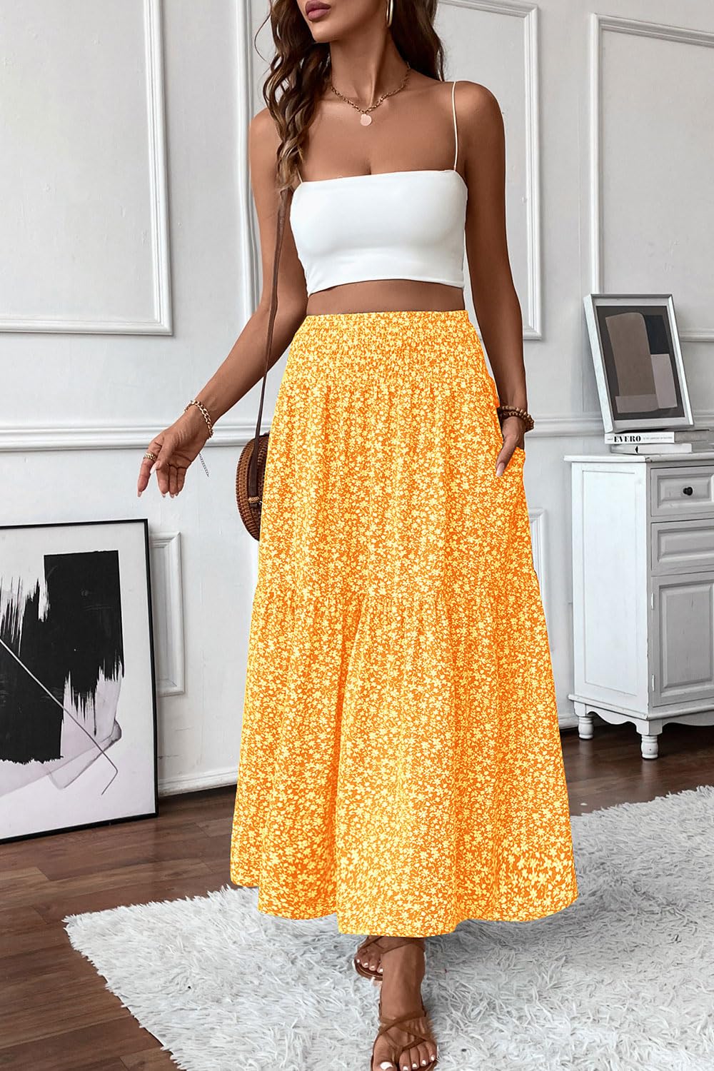 Women's Smocked High Waist Maxi Skirt Casual Boho Long Skirts with Pockets