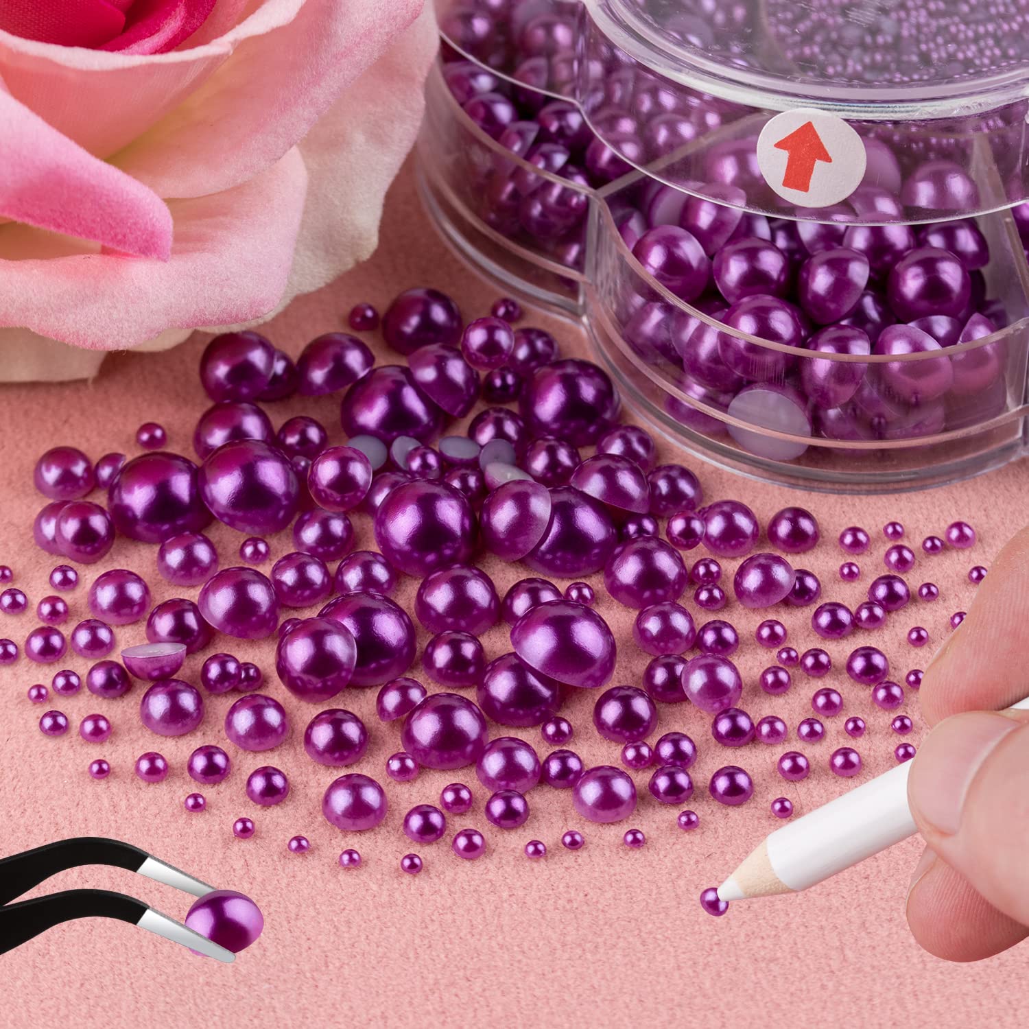 BELLEBOOST 5600pcs ABS Round Flat Back Beige Pearls Kit with Pickup Tools for Nail Art, Face, Body Decorations