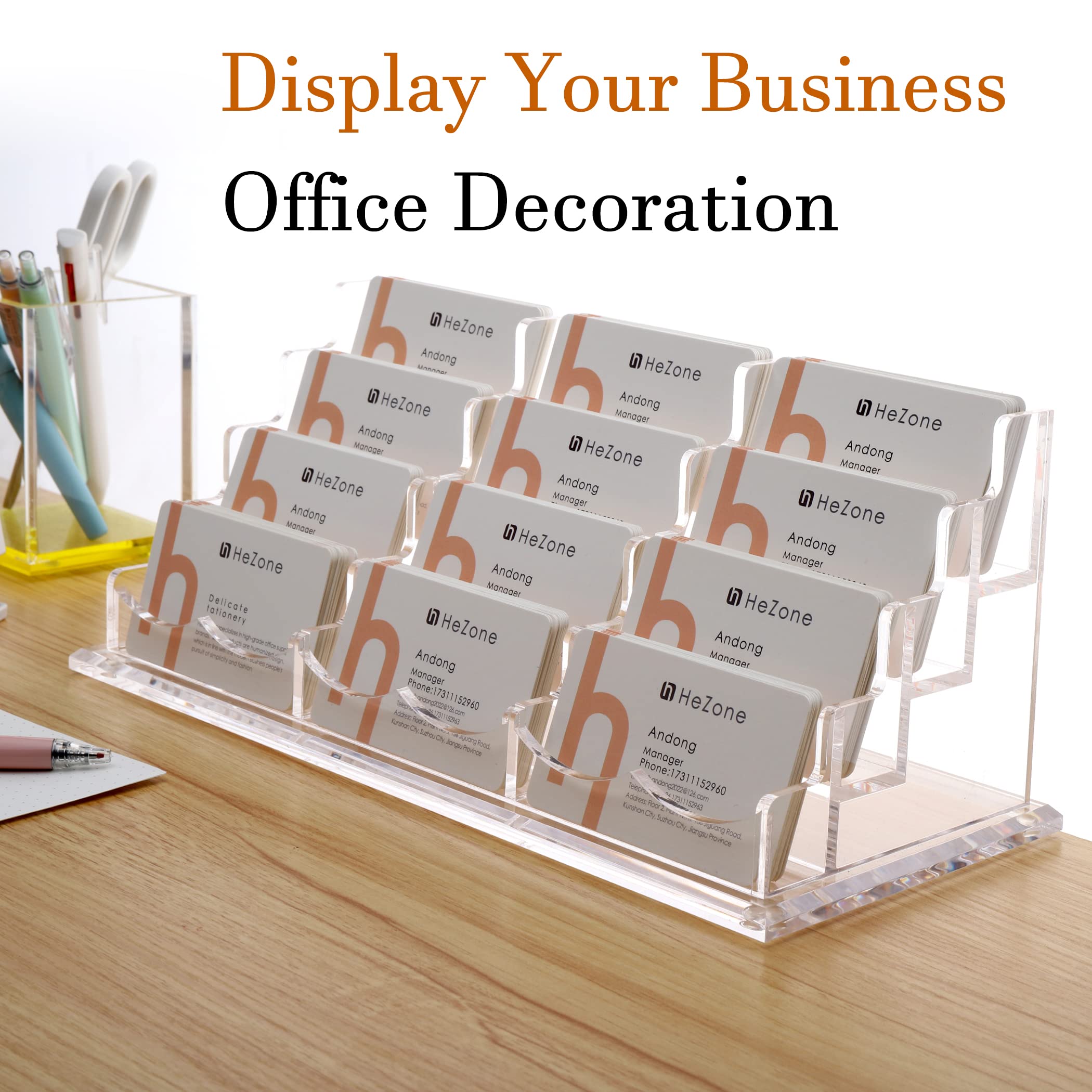 HeZone Business Card Holder for Desk Display, Clear Acrylic Cards Organizer Stand for Men and Women, Business Cards Case Rack 1 Pack, Holds 50 Cards-1 Slot