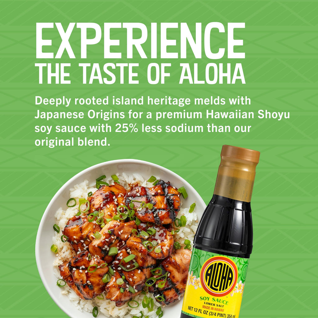 Aloha Shoyu - Lower Salt Soy Sauce with 25% Less Sodium - Versatile and Balanced Shoyu Sauce - Made in Hawaii - 12 oz. Bottle