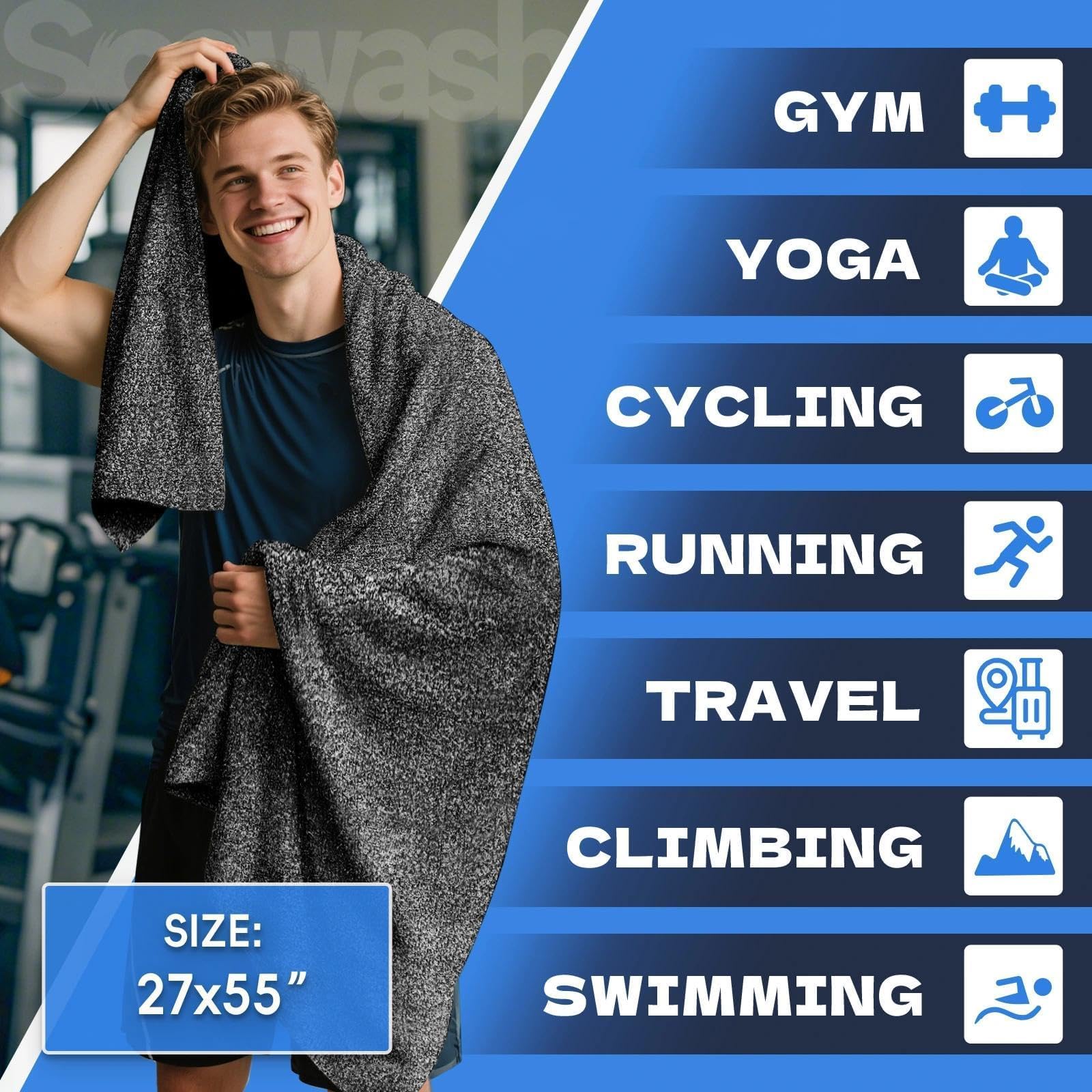 Microfiber Gym Towels for Showering Working Out Quick Dry Negative ions Large Middle Small Sizes Lightweight Gym Towel for Men Women Tennis Sports Towels for Body Hot Yoga Fitness Essentials