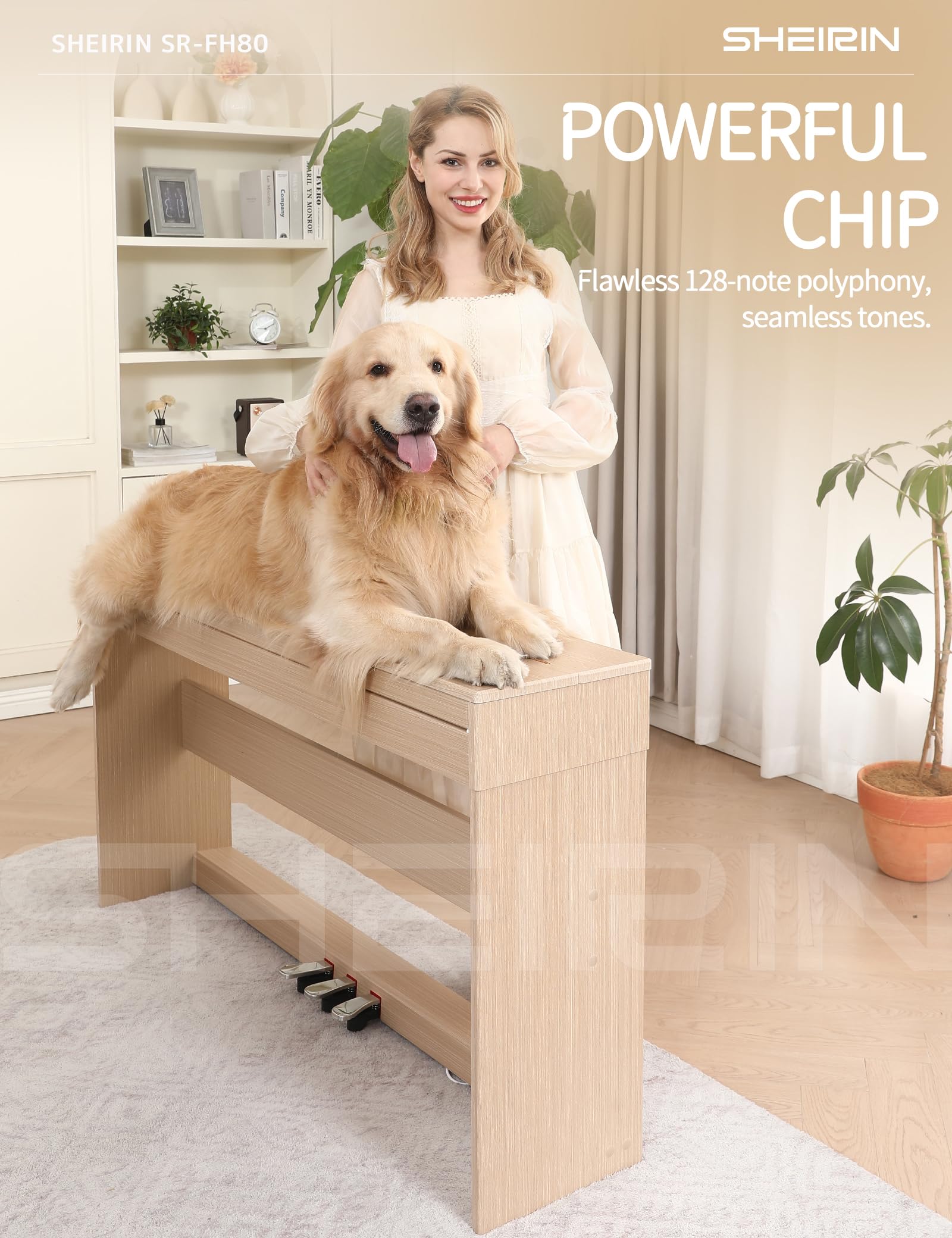 Digital Piano Hammer Action Keyboard 88 Keys Upright Acoustic Electric Weighted Piano Beginner MIDI Cover Full Size Sustain Pedal Stand Real Professional SR-FH80 (Beige Full Cover)