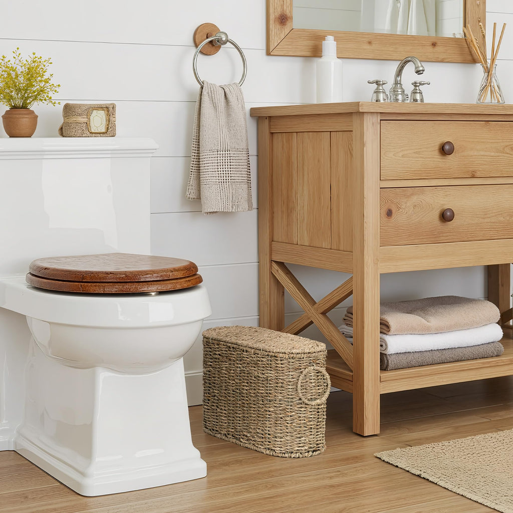 StorageWorks Bathroom Toilet Paper Storage Holder with Lid, Wicker Toilet Paper Basket for 6 Regular Rolls, Slim Basket Organizer with Handles, Water Hyacinth Storage Baskets for Bathroom, Brown