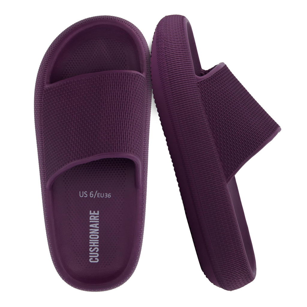 CUSHIONAIRE Feather EVA Slides for Women – Comfortable Slip On Womens Slippers, Indoor Outdoor Shower Shoes, Beach Essential Cloud Slides