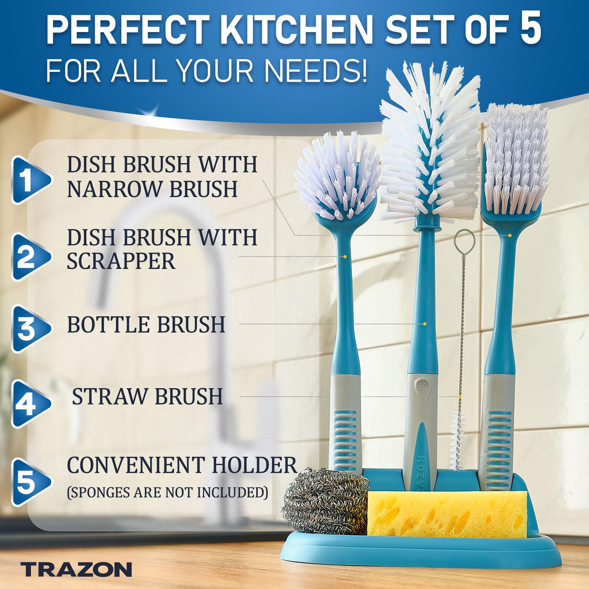 Dish Brush Set of 5 with Holder - Kitchen Scrub Brushes with Non-Slip Long Handle for Cleaning, Scrubber, Dishwashing, Dishes, Bottles, Straws, Cups, Pots & Sink, Baige
