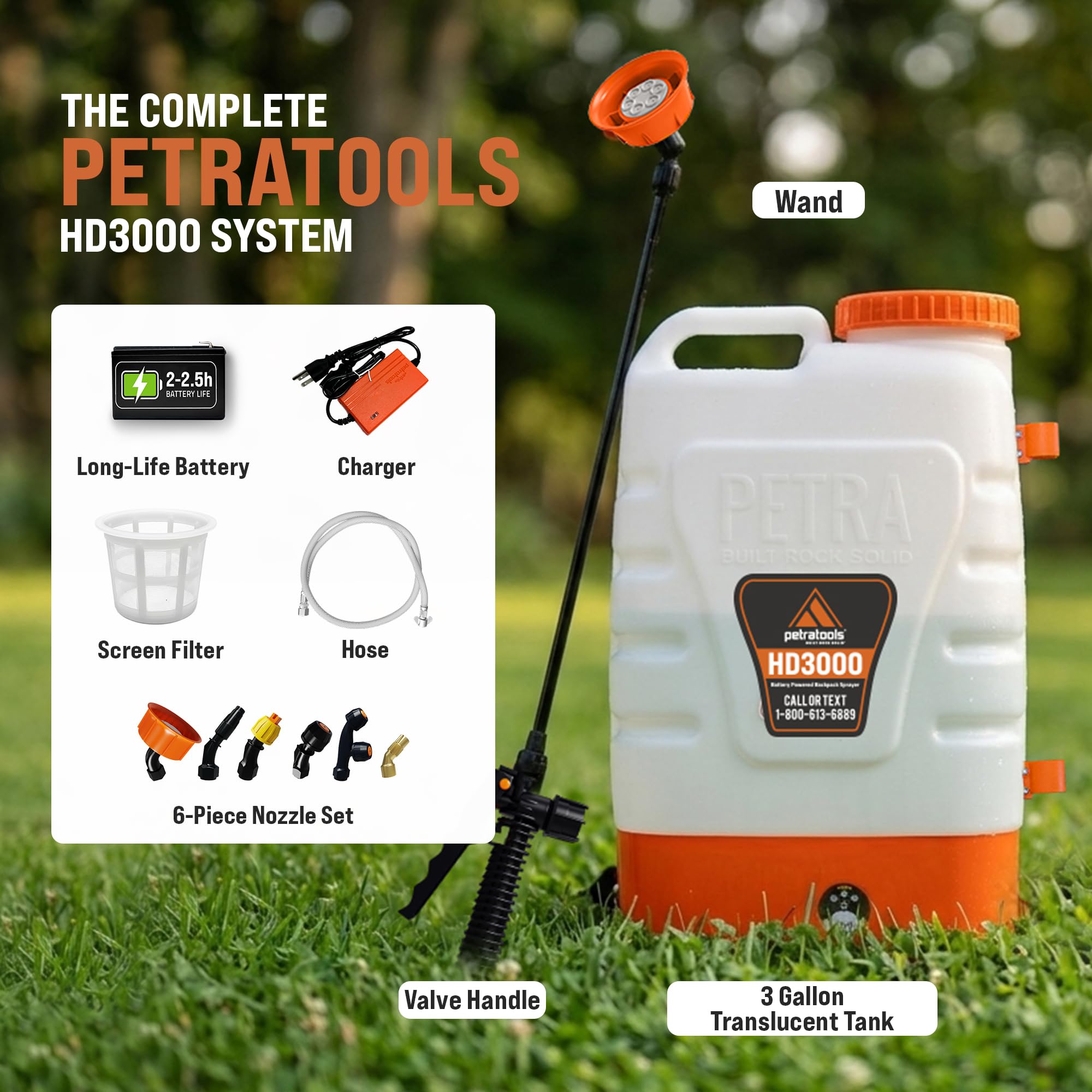 PetraTools 3 Gallon Battery Powered Backpack Sprayer in Lawn and Garden - HD3000 - Long Battery Life & Padded Straps for Comfort - Electric Sprayer w/ 6 Spray Nozzles & 80PSI (3 Gallon)
