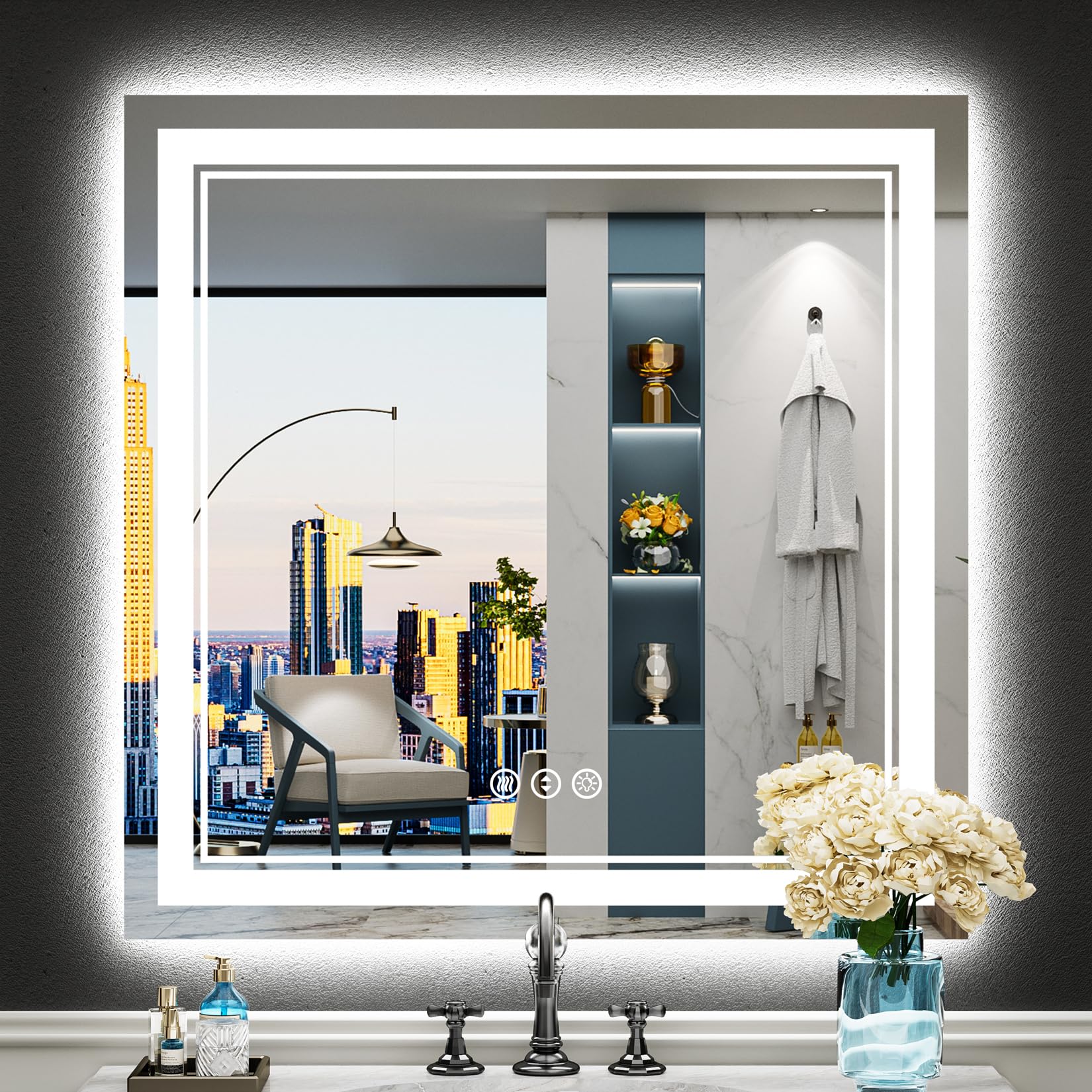 24x32 Black Framed LED Bathroom Mirror with Lights, Backlit and Front Lit Anti-Fog Lighted Vanity Mirrors for Bathroom Wall, Dimmable, 3 Colors, Memory, HD Tempered Glass, Horizontal/Vertical