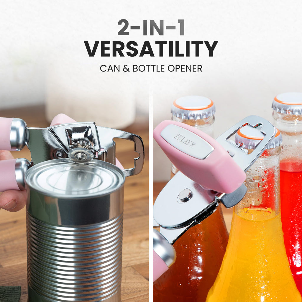 Zulay Kitchen Heavy Duty Stainless Steel Can Opener Manual with Bottle Opener - Rust Proof Manual Can Opener With Turn Knob & Comfy Soft Grip Handles - Airy Lilac