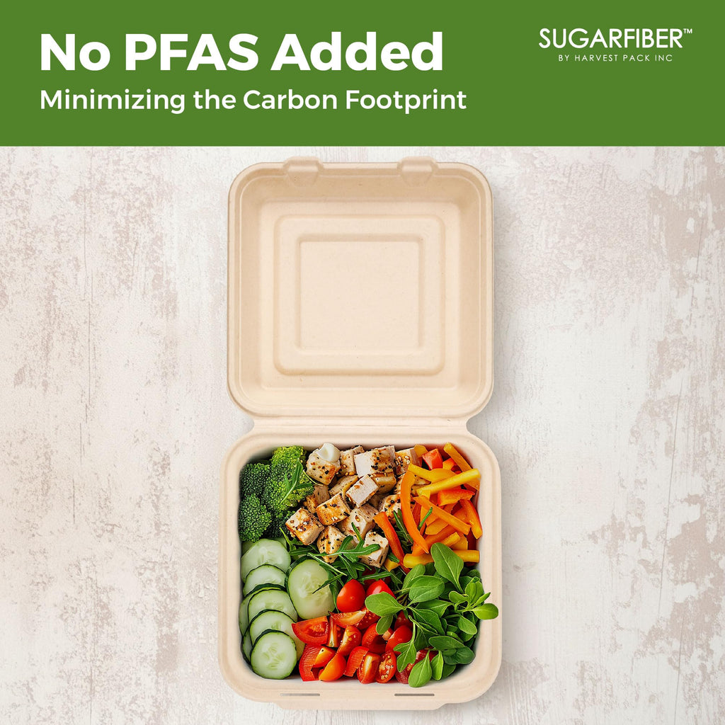 [50 COUNT]Harvest Pack 6 X 6" Compostable Clamshell Take Out Food Containers, PFAS FREE Square To go Containers with Lids, Heavy-Duty Disposable Bagasse Bento Cake Box, Eco-Friendly Sugarcane Fibers