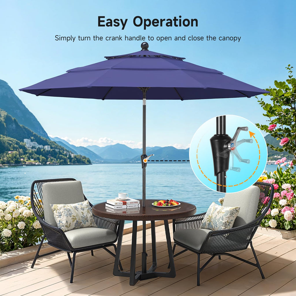 ONBRILL 10 FT Patio Umbrella, 3 Tier Outdoor Table Umbrella with 8 Sturdy Glass Fiber Ribs and Push Button Tilt, Outdoor Patio Umbrellas for Market Pool Garden Backyard, 1.5" Pole, Blue (No Base)