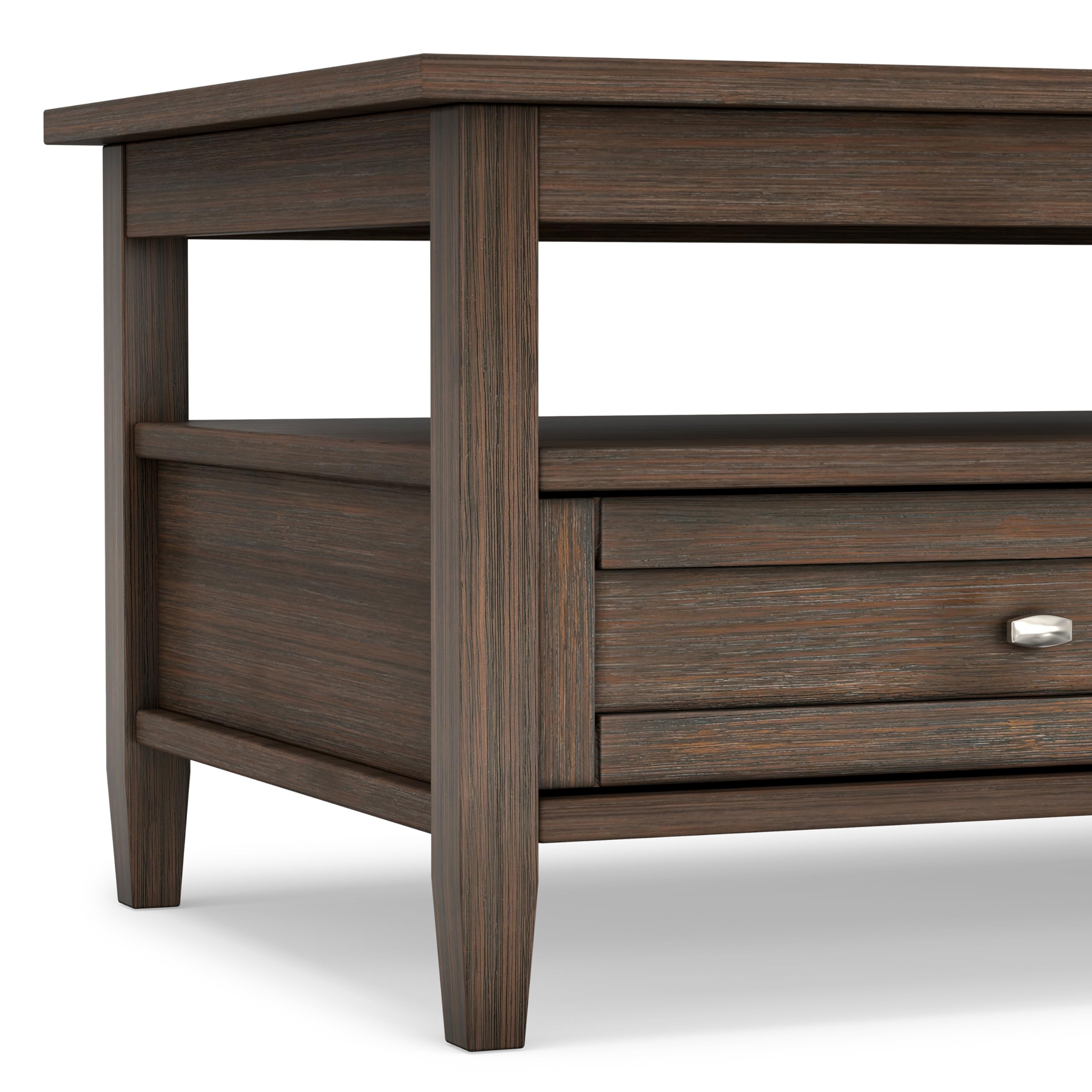 SIMPLIHOME Warm Shaker Coffee Table - 48 inch Wide Solid Wood Coffee Table in Black, Transitional Living Room Table with 2 Drawers, Open Shelf, Shaker Fronts and Tapered Legs