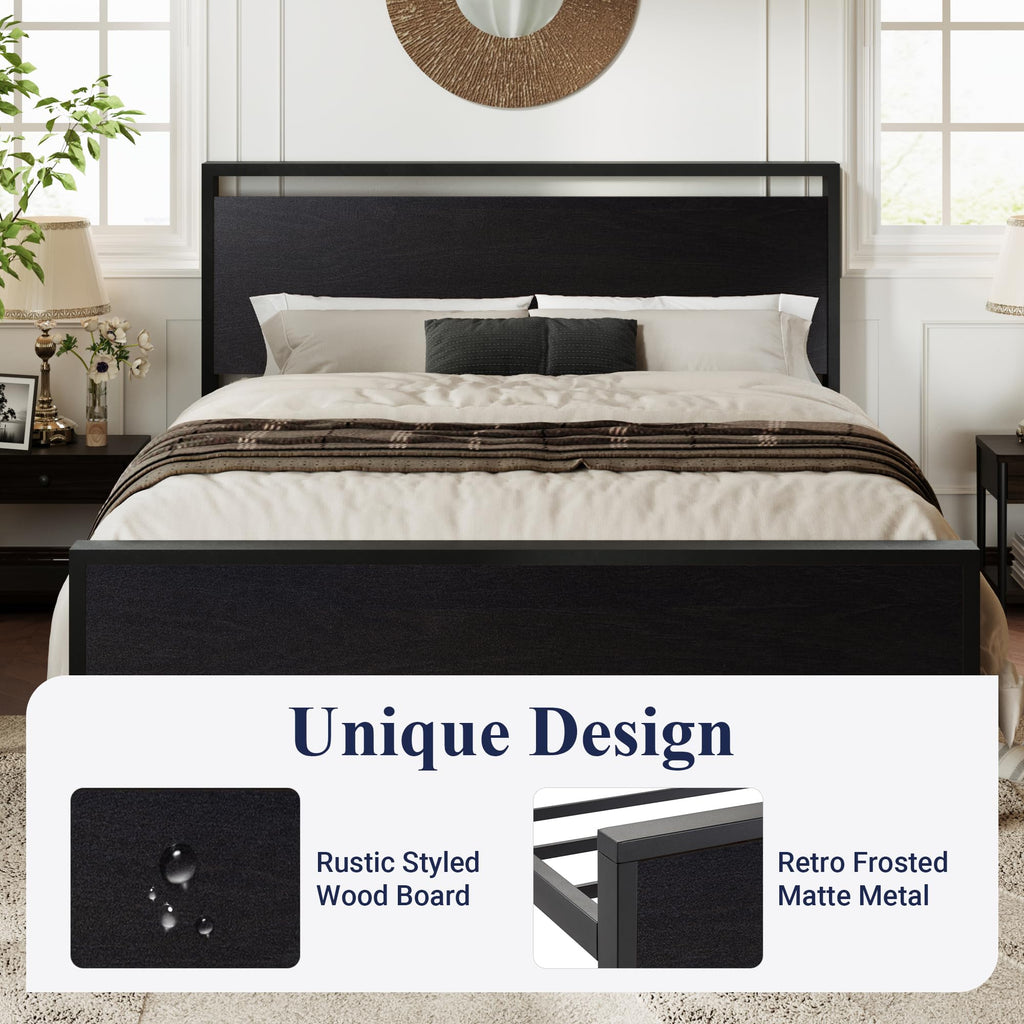 Allewie Twin Size Platform Bed Frame with Wooden Headboard and Footboard, Heavy Duty Metal Slats Support, No Box Spring Needed, Under-Bed Storage, Noise Free, Easy Assembly, Black Oak