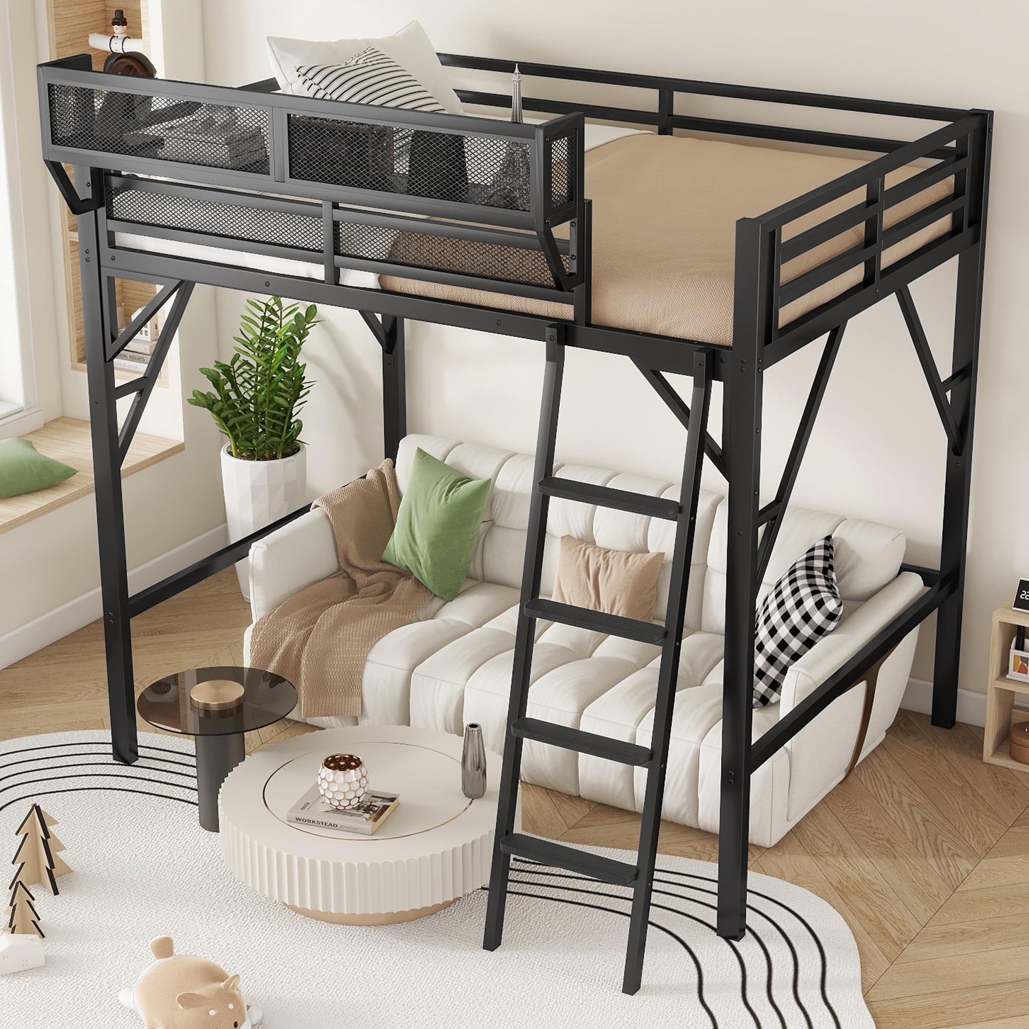 Mirightone Full Size Loft Bed with Stairs, Metal Loft Beds, High Loft Bed Frame with Storage Shelves, Lofted Full Bed with Wardrobe for Kids and Teens, No Box Spring Needed (Black)