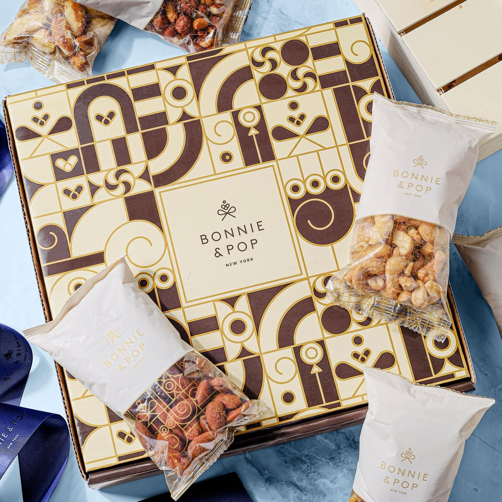 Nut Gift Basket, in Reusable Wooden Crate, Healthy Fathers Day Gift Option, Gourmet Snack Food Box, with Unique Flavors, Great for Feel Better, Sympathy & Birthday- Bonnie & Pop