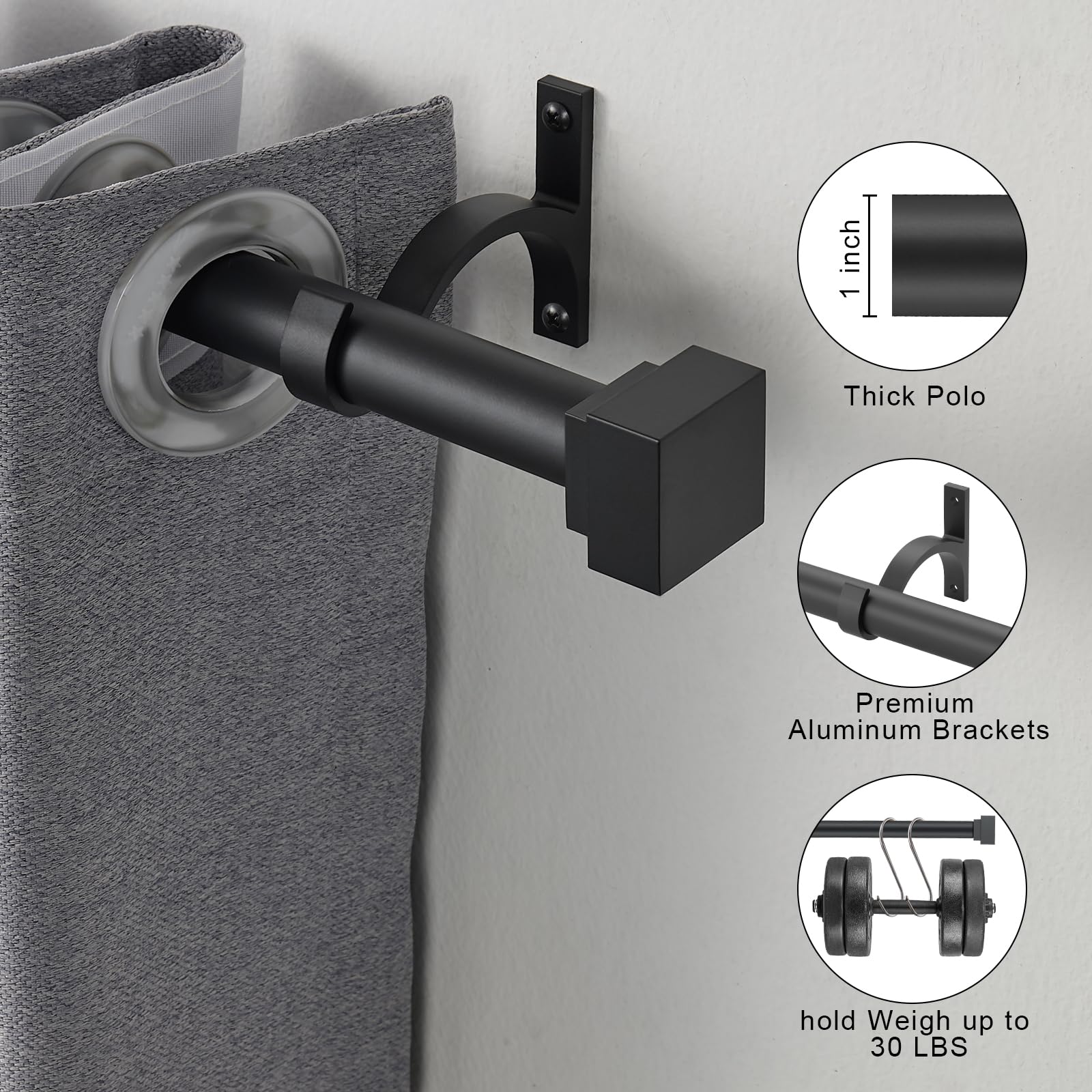 Single Curtain Rods for Windows 28 to 48 Inch(2.3-4ft),1 Inch Diameter Adjustable Heavy Duty Drapery Rods,with Modern Square Aluminum Alloy Finials,Antique Bronze
