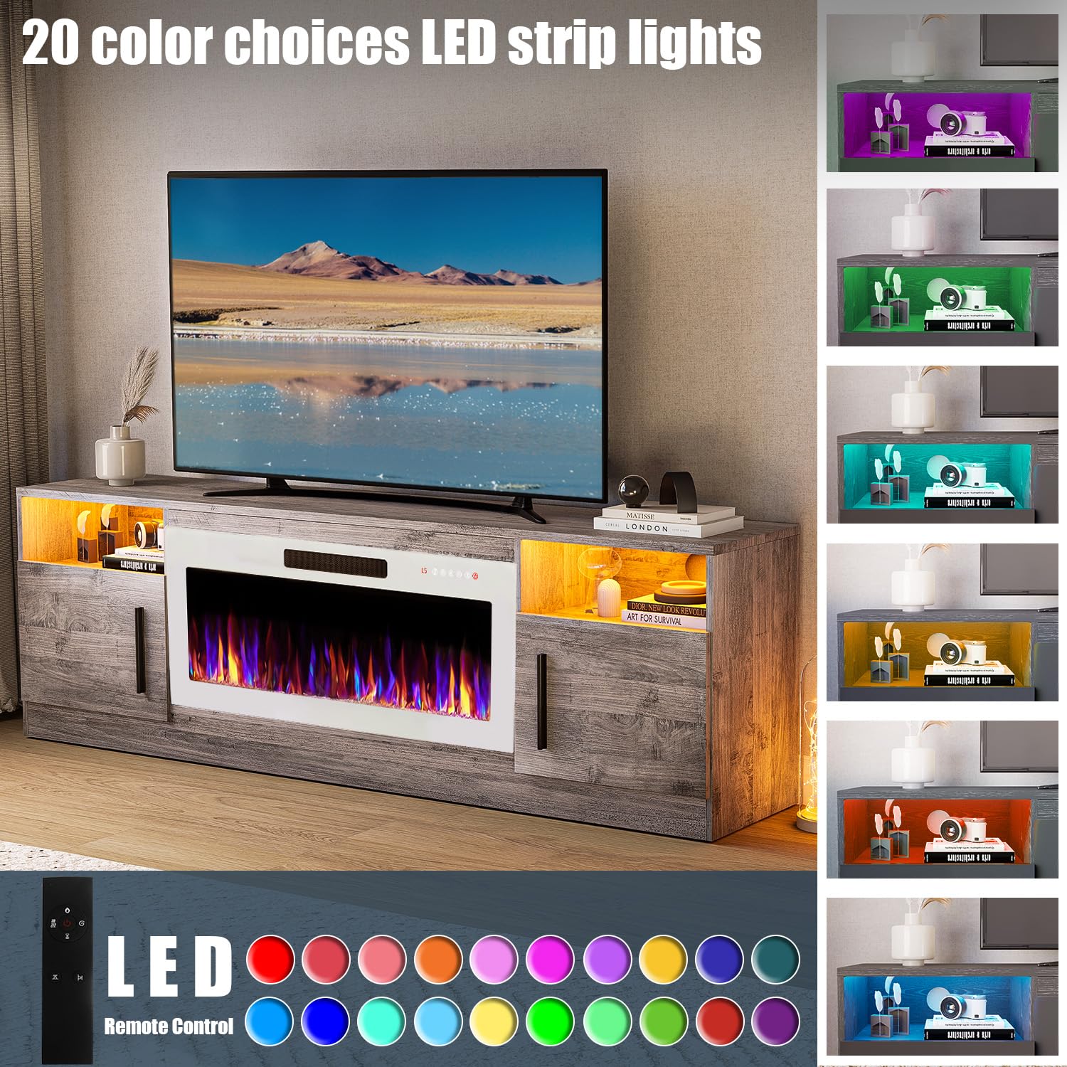 VITESSE 58 Inches Fireplace TV Stand for TVs up to 65 Inches Console with 18'' Electric Fireplace & Remote,Wooden Modern Entertainment Center for Living Room with LED Light Glass Shelves（Bei）