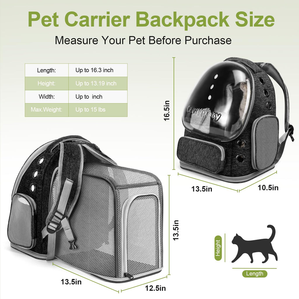 Cawypety Cat Backpack Carrier, Breathable Cat Carrier Large Space Bubble Pet Backpack for Kitty Small Dog up to 12lbs, Transparent & Foldable Pet Carrier for Travel Hiking (Black