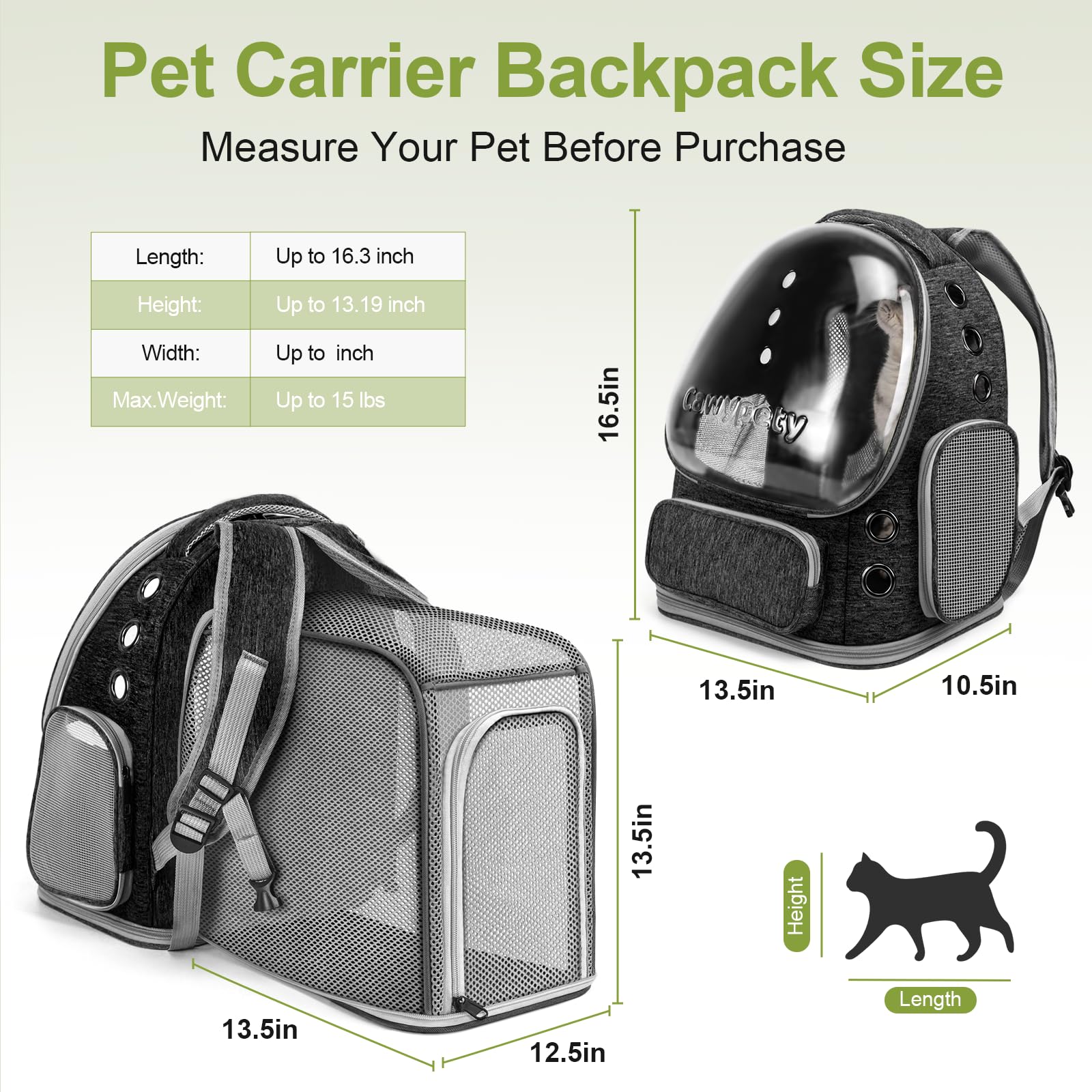 Cawypety Cat Backpack Carrier, Breathable Cat Carrier Large Space Bubble Pet Backpack for Kitty Small Dog up to 12lbs, Transparent & Foldable Pet Carrier for Travel Hiking (Black