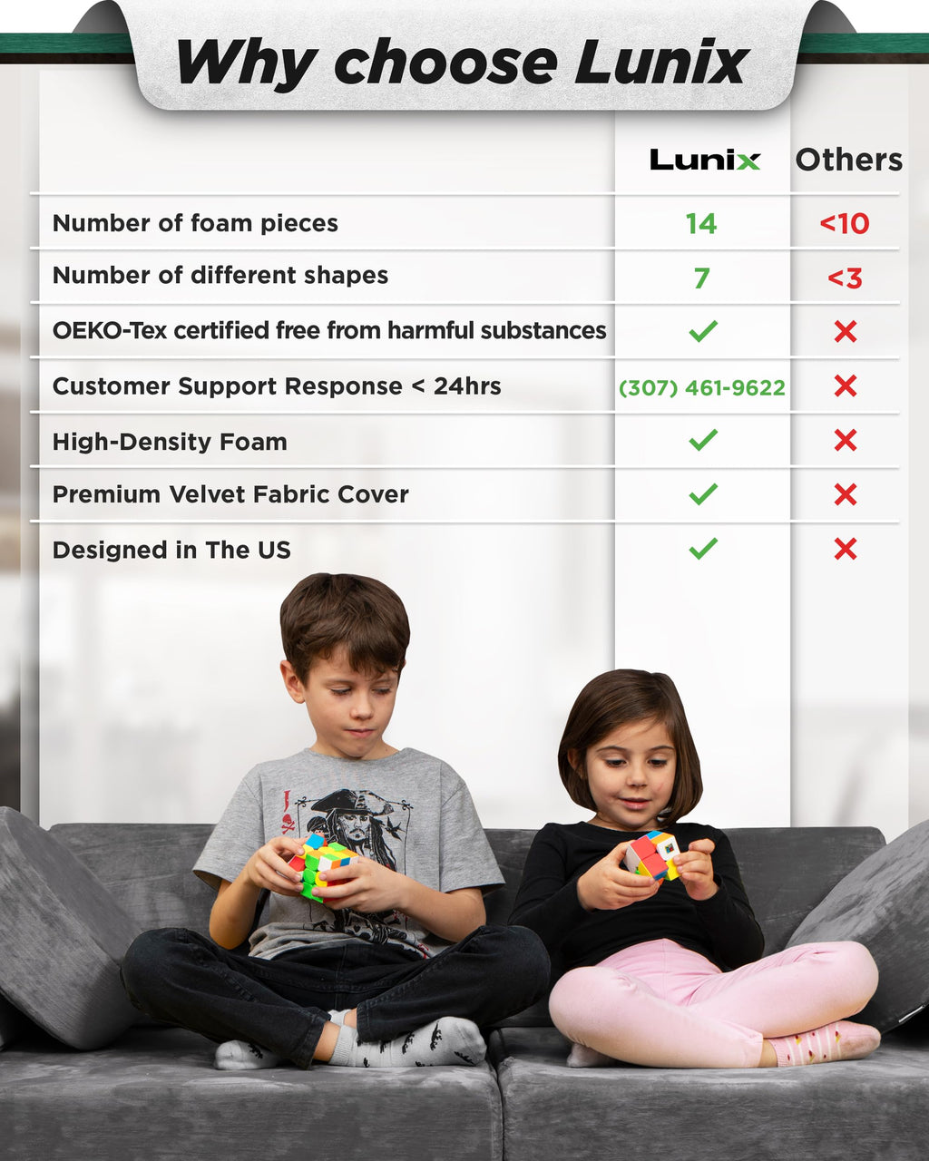 Lunix LX15 14pcs Modular Kids Play Couch, Child Sectional Sofa, Fortplay Bedroom and Playroom Furniture for Toddlers, Convertible Foam and Floor Cushion for Boys and Girls, Amber Yellow
