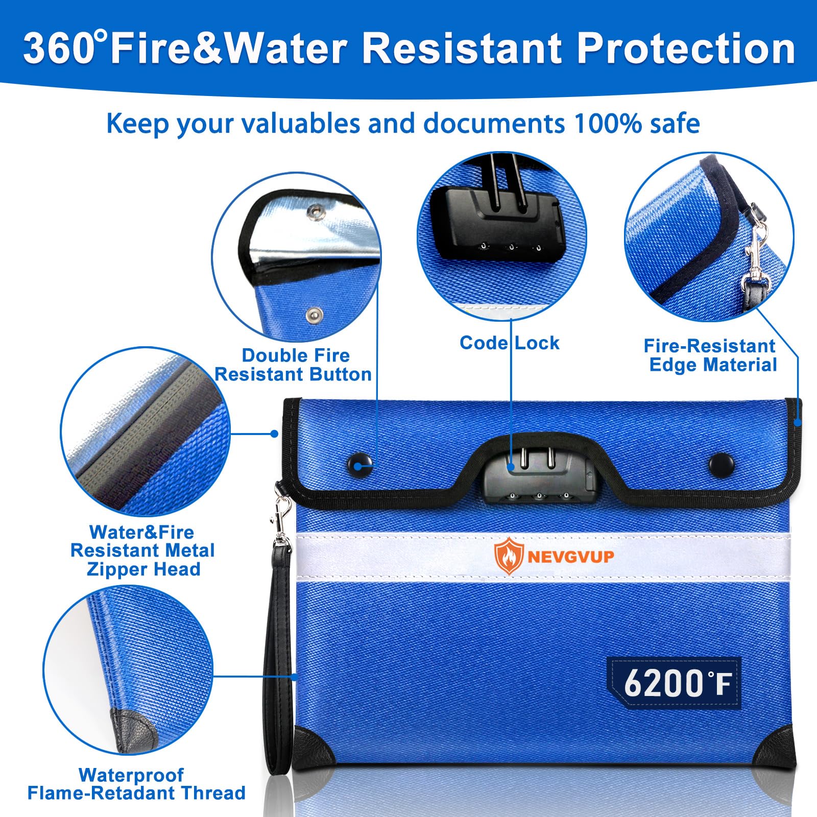 Fireproof Money Bag 4200°F - Heat Insulated, 9.8 x 6.5" Small Fireproof Document Bags with Waterproof Zipper, Fire proof Bag with Reflective Strip and Fireproofs Edeging, Fire Pouch Set for Valuables