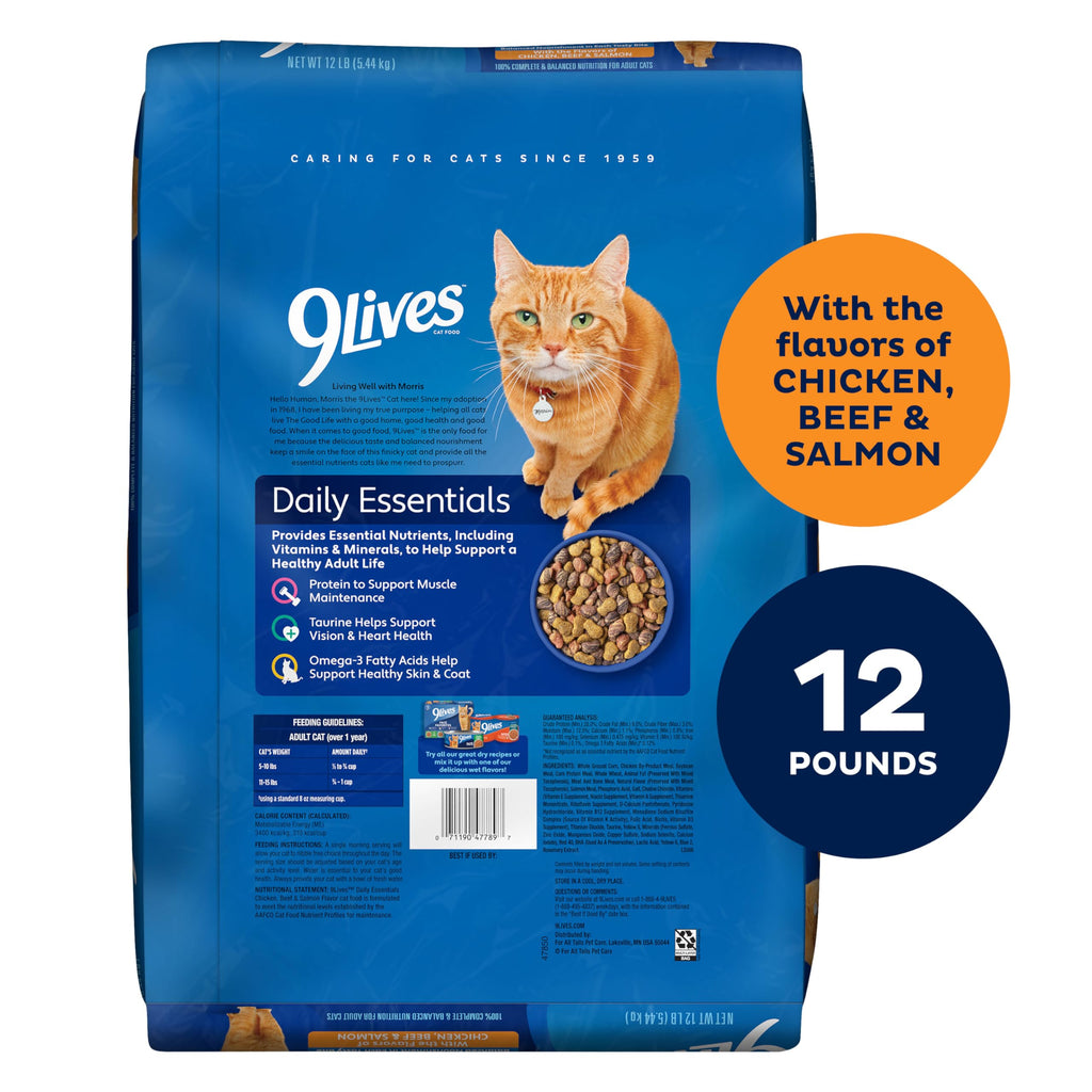 9Lives Daily Essentials Dry Cat Food for Adult Cats with Chicken, Beef & Salmon Flavors, 3.15 lb. Bag (Pack of 4)