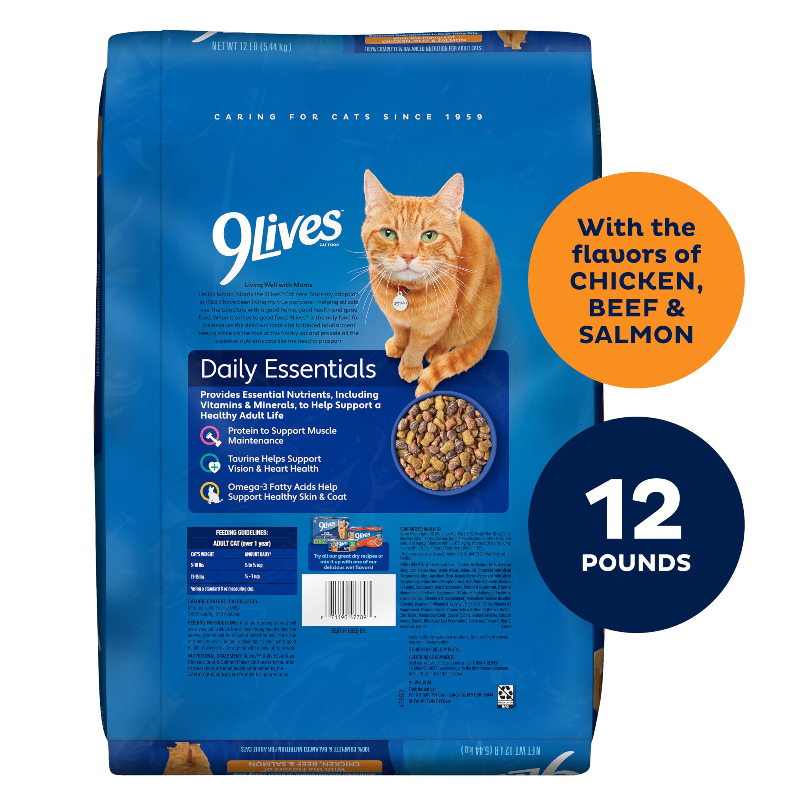 9Lives Daily Essentials Dry Cat Food for Adult Cats with Chicken, Beef & Salmon Flavors, 3.15 lb. Bag (Pack of 4)