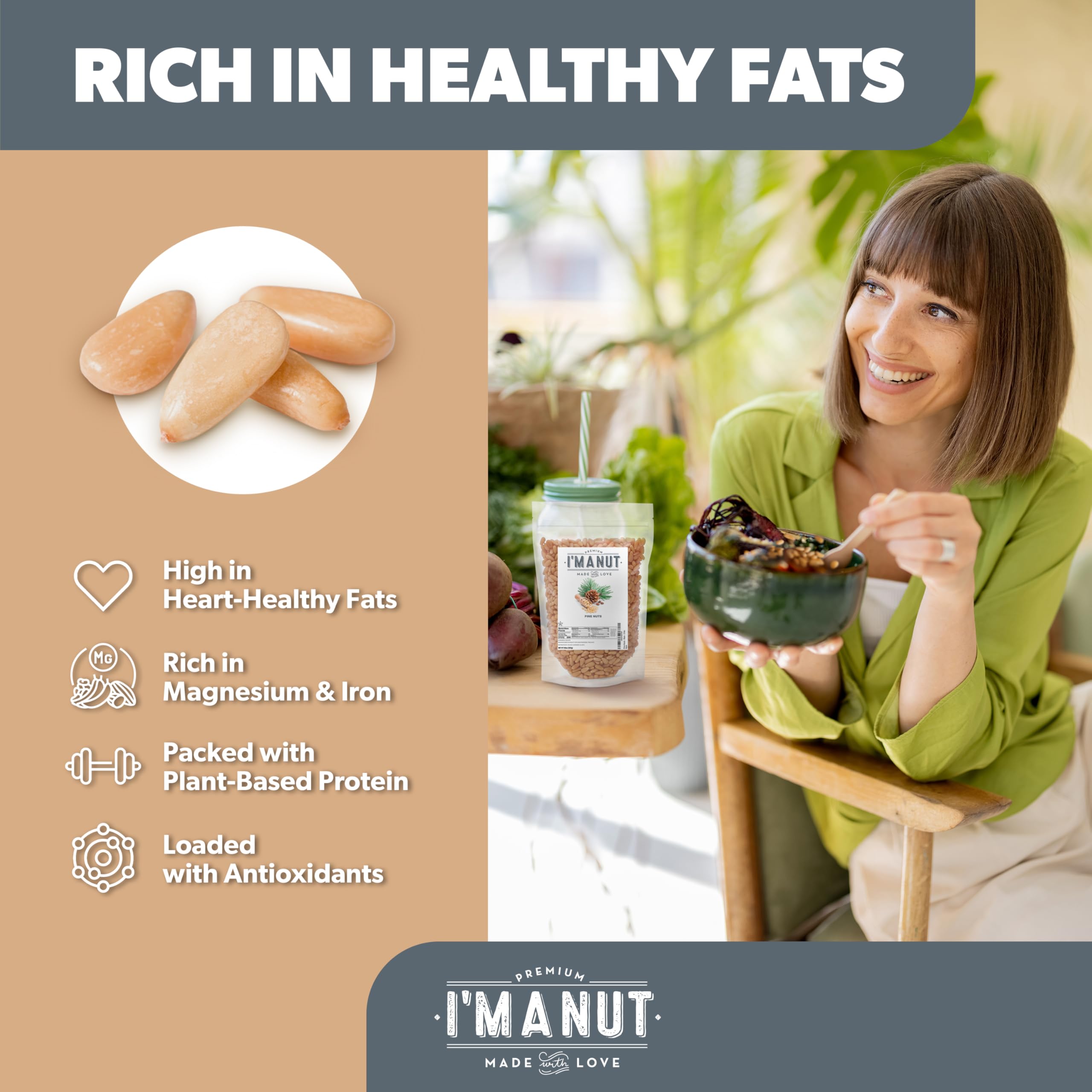 Premium Raw Pine Nuts 8oz Non-GMO, No Additives Batch Tested Gluten & Peanut Free, Resealable Pouch for Freshness, Unsalted Pine Nuts - Perfect for Pesto, Salads, Gourmet Cooking and Baking